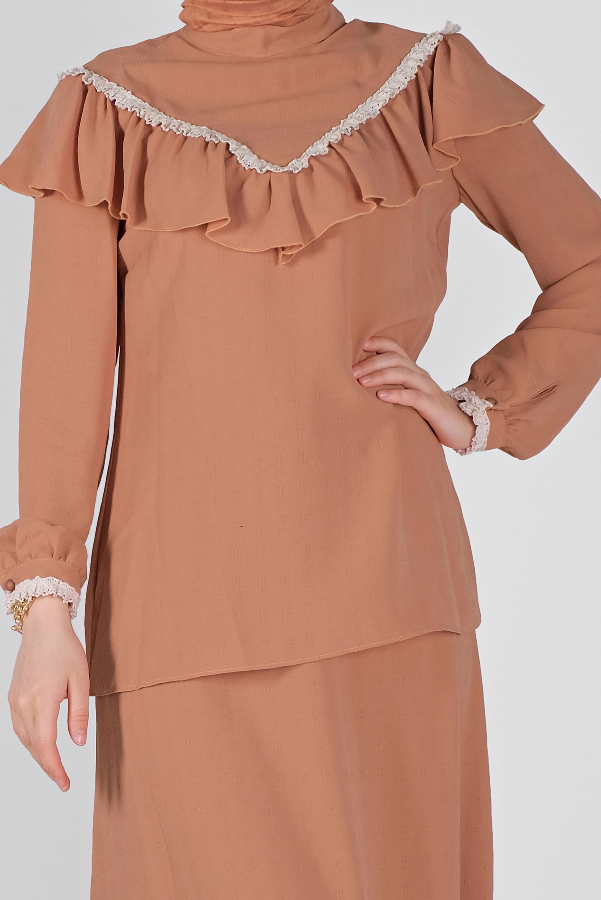 Tesettür giyim PEMBE FIRFIRLI KEMERLİ ETEKLİ TAKIM 40811