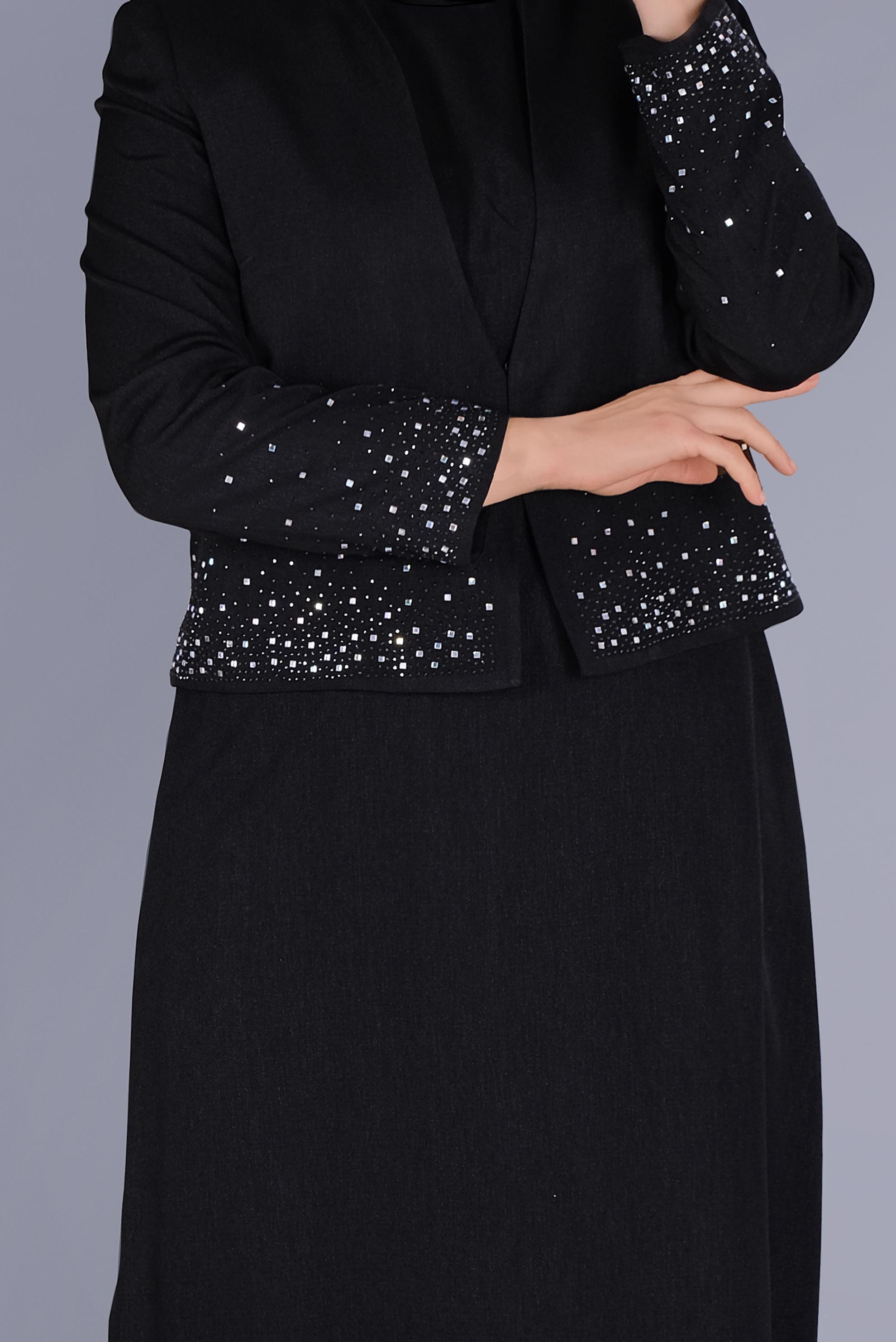 Tesettür giyim SİYAH TAŞ BASKILI İKİLİ ELBİSELİ TAKIM 30049