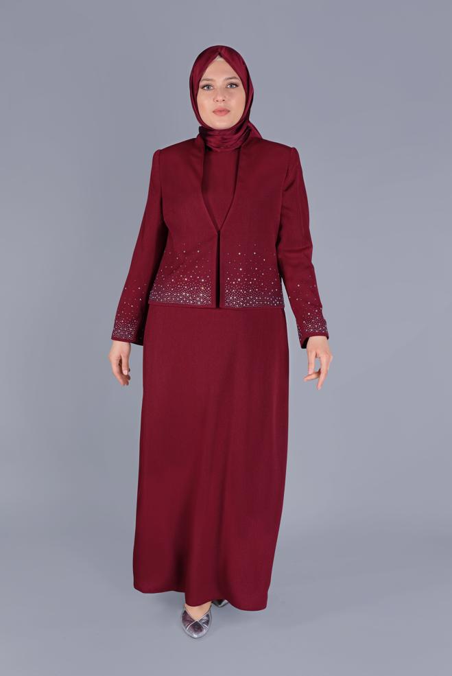 Vêtements hijab ROUGE BORDEAUX COSTUME IMPRIMÉ PIERRE AVEC ROBE 30049 - ALVİNA