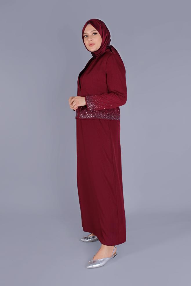 Vêtements hijab ROUGE BORDEAUX COSTUME IMPRIMÉ PIERRE AVEC ROBE 30049 - ALVİNA