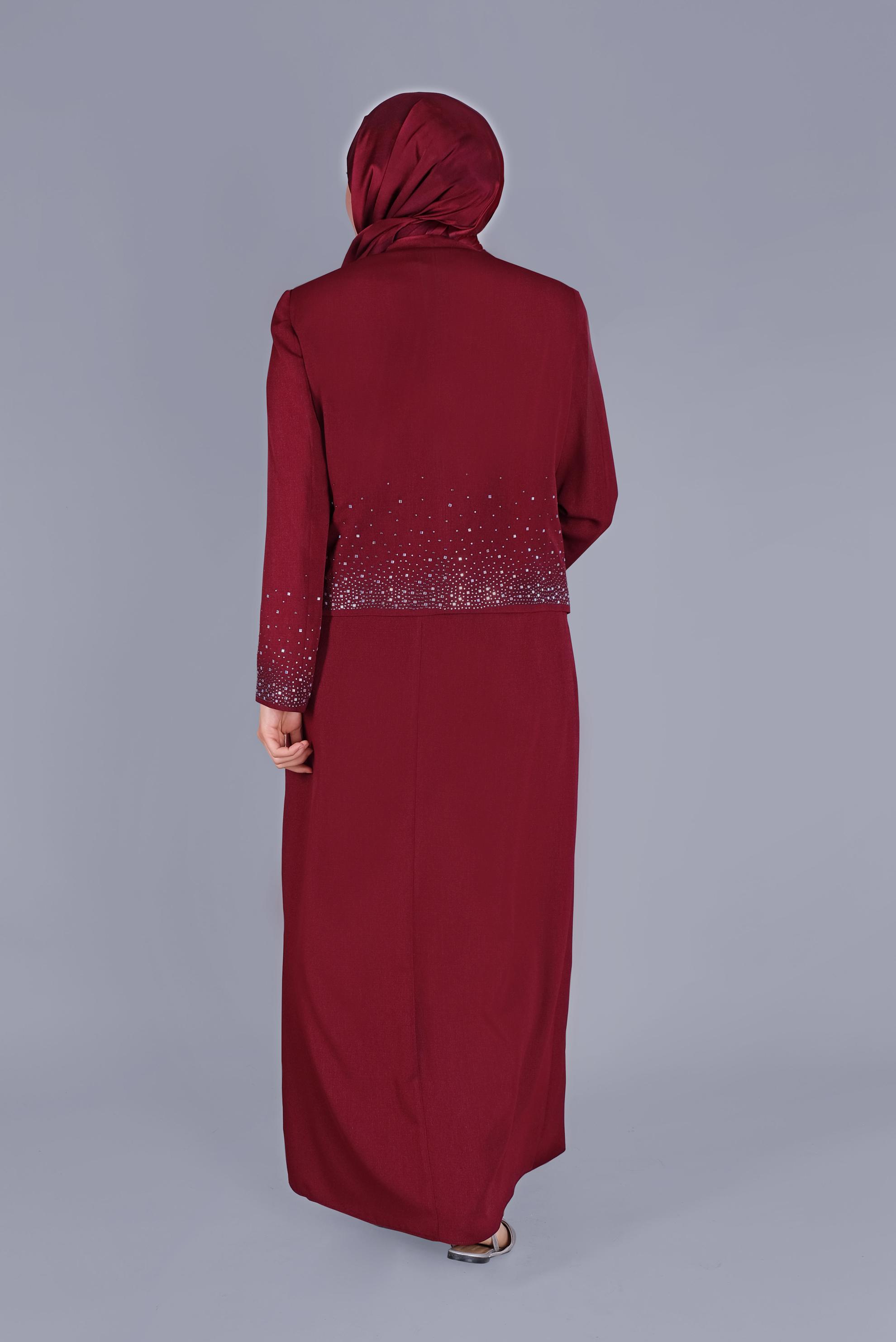 Tesettür giyim BORDO TAŞ BASKILI İKİLİ ELBİSELİ TAKIM 30049