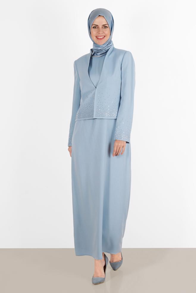 Vêtements hijab BLEU COSTUME IMPRIMÉ PIERRE AVEC ROBE 30049 - ALVİNA