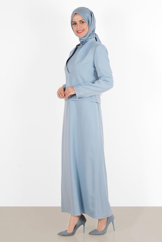 Vêtements hijab BLEU COSTUME IMPRIMÉ PIERRE AVEC ROBE 30049 - ALVİNA