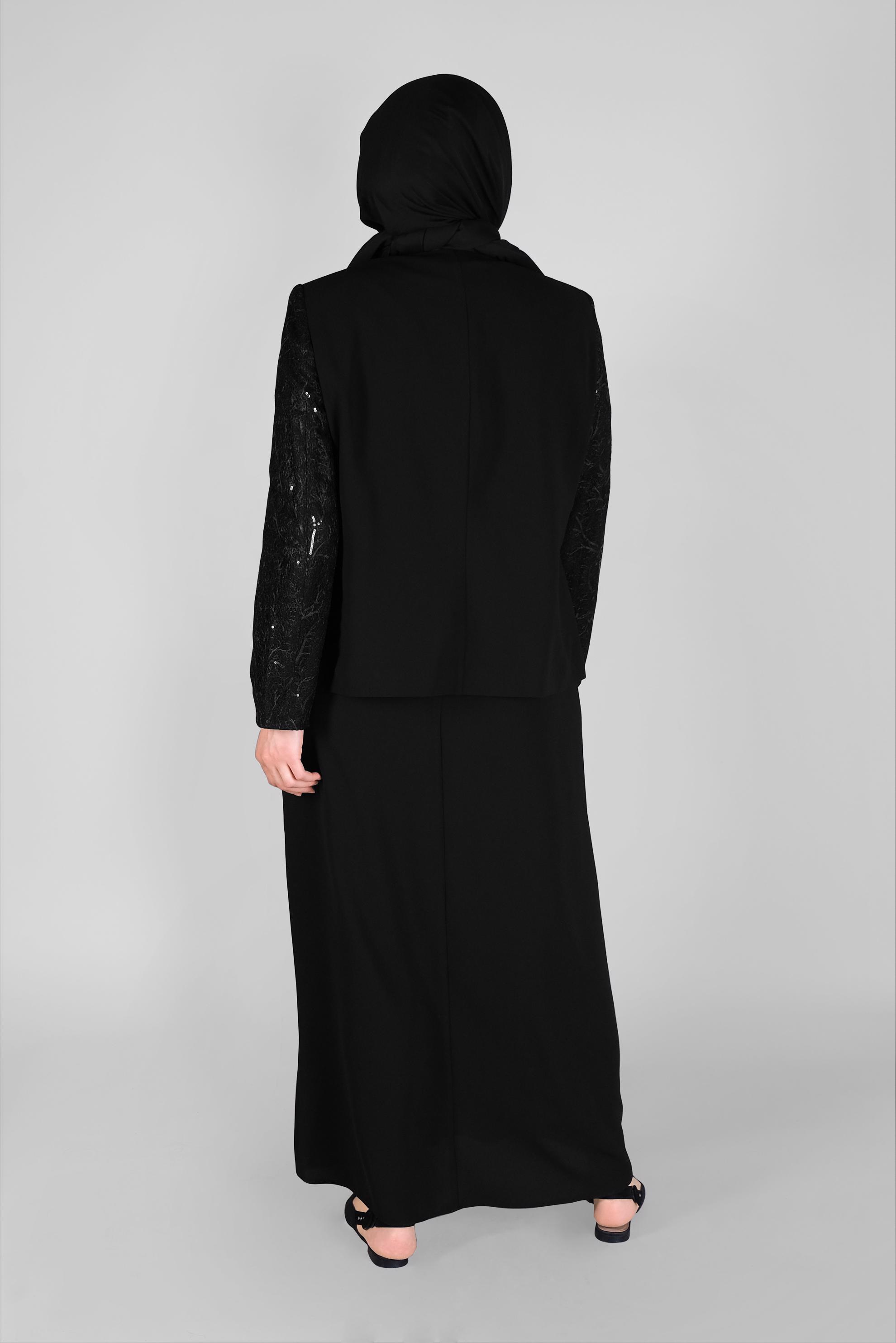 Tesettür giyim SİYAH DANTELLİ TAŞ BASKILI PULLU CEKETLİ İKİLİ ELBİSELİ TAKIM 30054