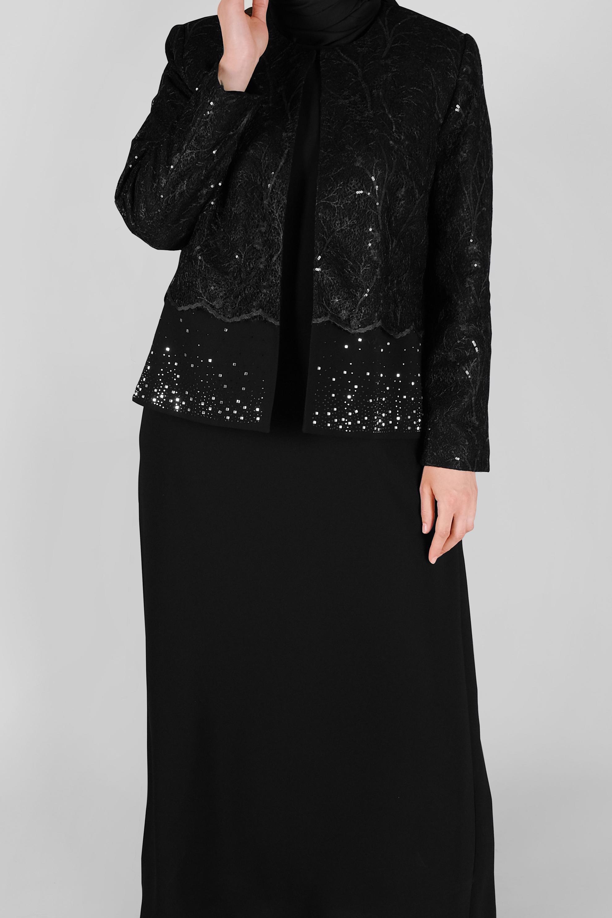 Tesettür giyim SİYAH DANTELLİ TAŞ BASKILI PULLU CEKETLİ İKİLİ ELBİSELİ TAKIM 30054