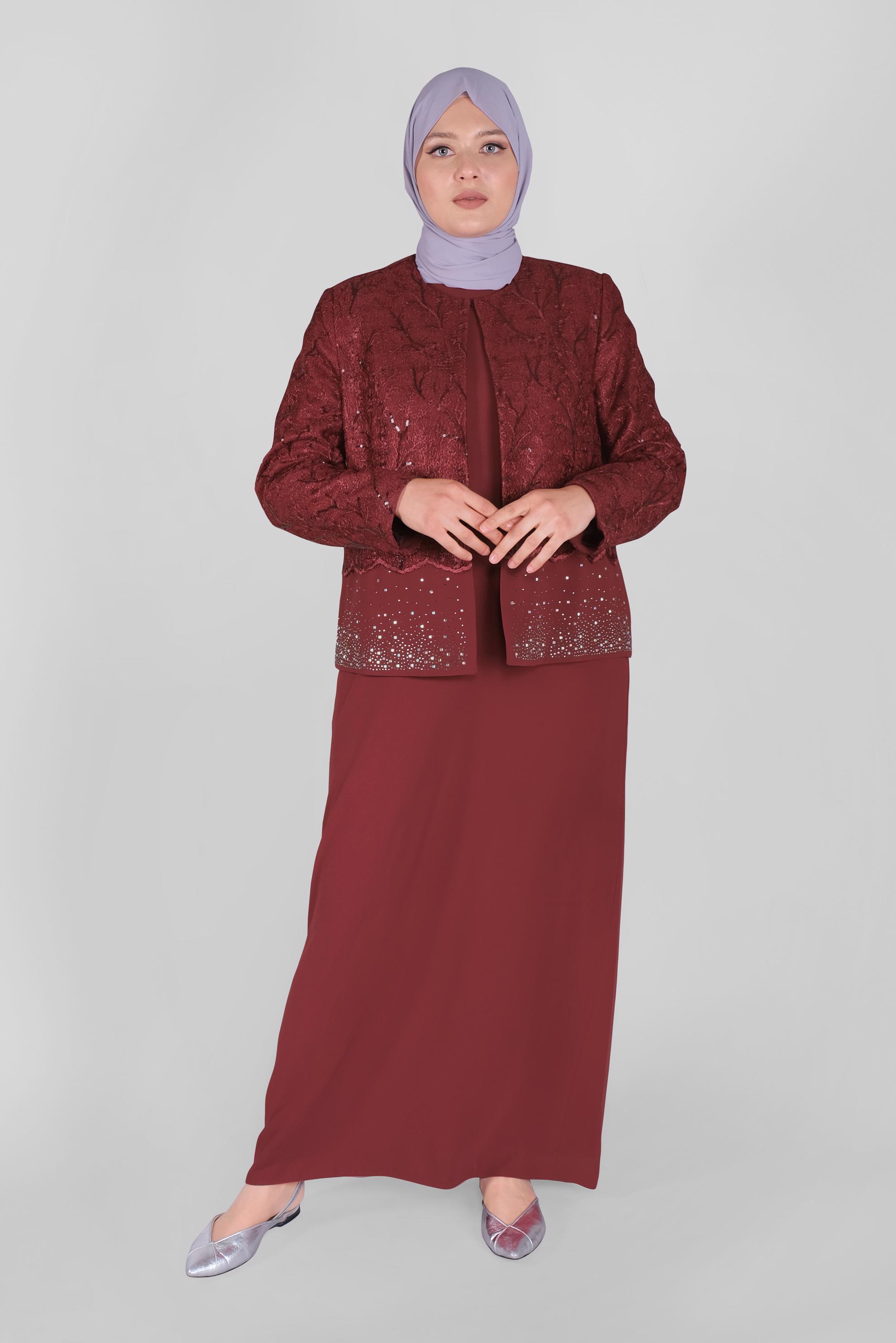 Tesettür giyim BORDO DANTELLİ TAŞ BASKILI PULLU CEKETLİ İKİLİ ELBİSELİ TAKIM 30054