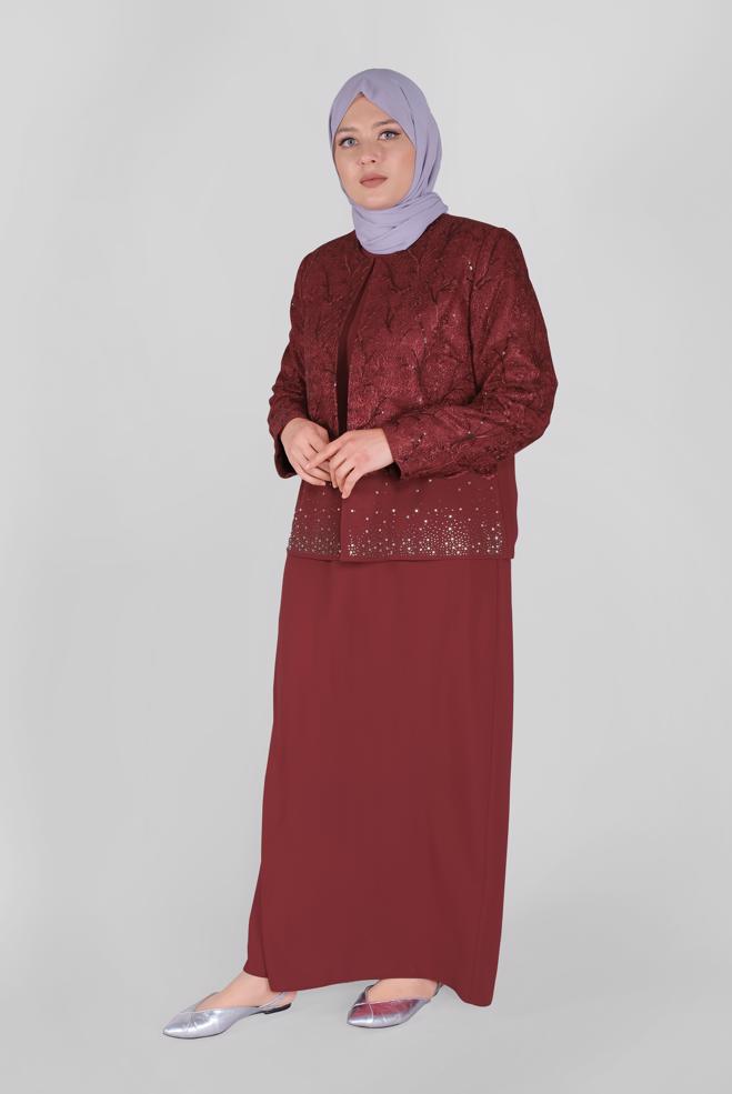 Vêtements hijab ROUGE BORDEAUX COSTUME 2 PIÈCES AVEC ROBE À LACETS À PAILLETTES 30054 - ALVİNA