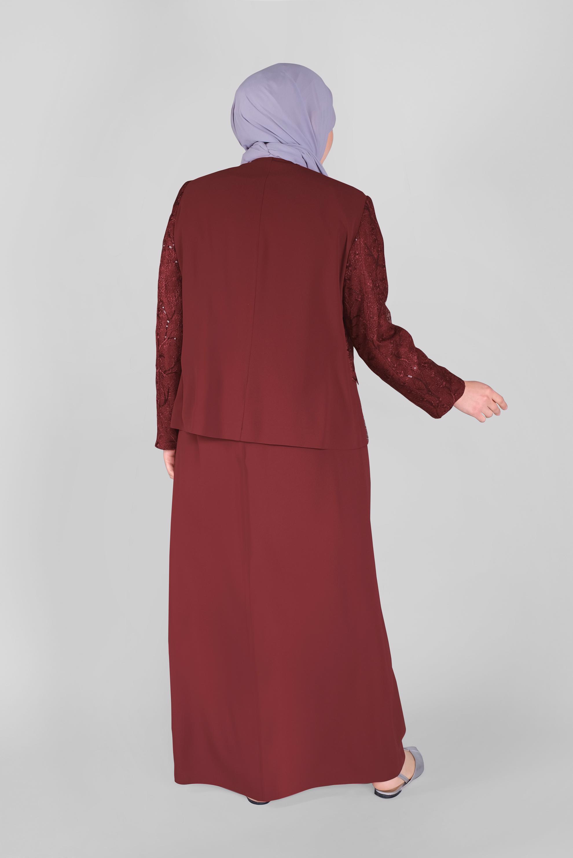 Tesettür giyim BORDO DANTELLİ TAŞ BASKILI PULLU CEKETLİ İKİLİ ELBİSELİ TAKIM 30054