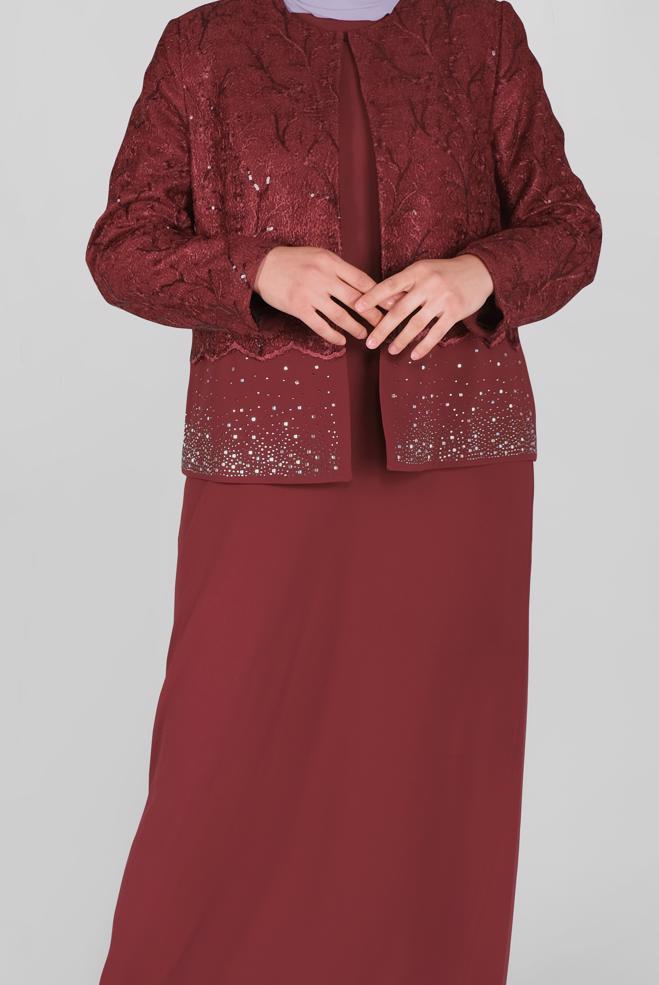 Vêtements hijab ROUGE BORDEAUX COSTUME 2 PIÈCES AVEC ROBE À LACETS À PAILLETTES 30054 - ALVİNA