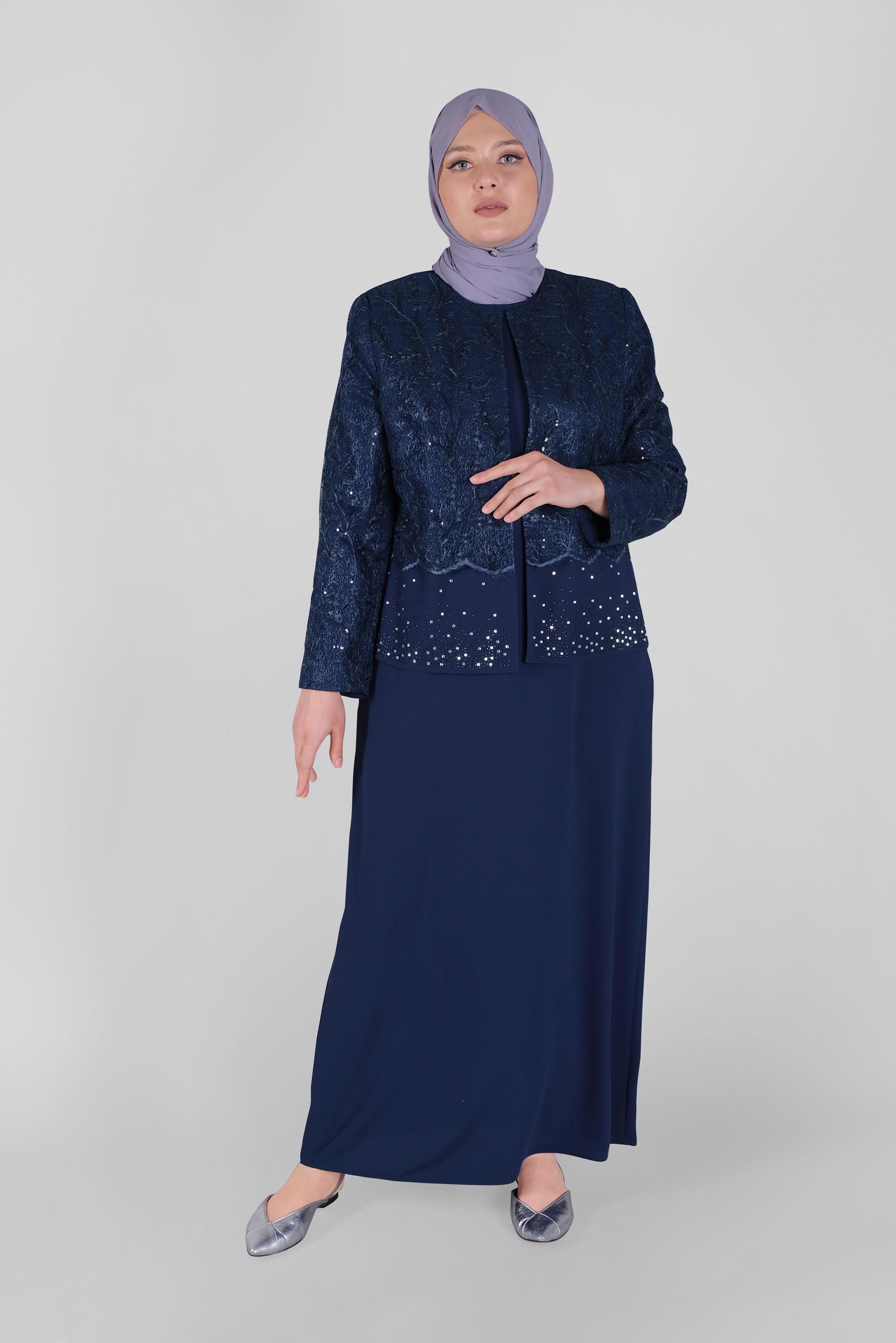 Hijab clothing NAVY BLUE SEQUINED LACED 2-PIECE SUIT WITH DRESS 30054