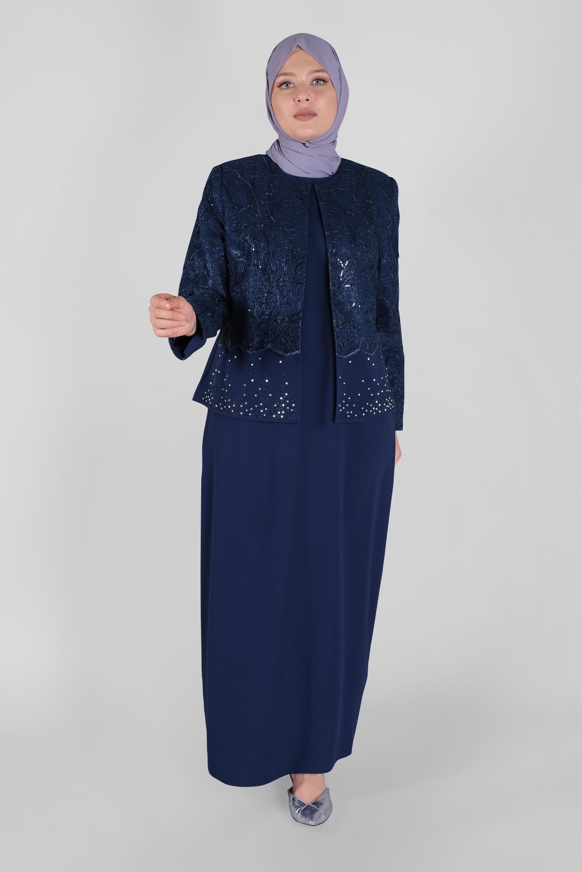 Hijab clothing NAVY BLUE SEQUINED LACED 2-PIECE SUIT WITH DRESS 30054