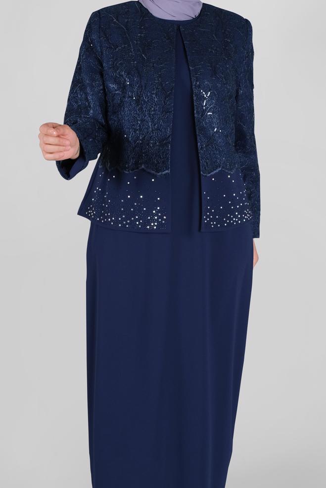 Hijab clothing NAVY BLUE SEQUINED LACED 2-PIECE SUIT WITH DRESS 30054 - ALVİNA