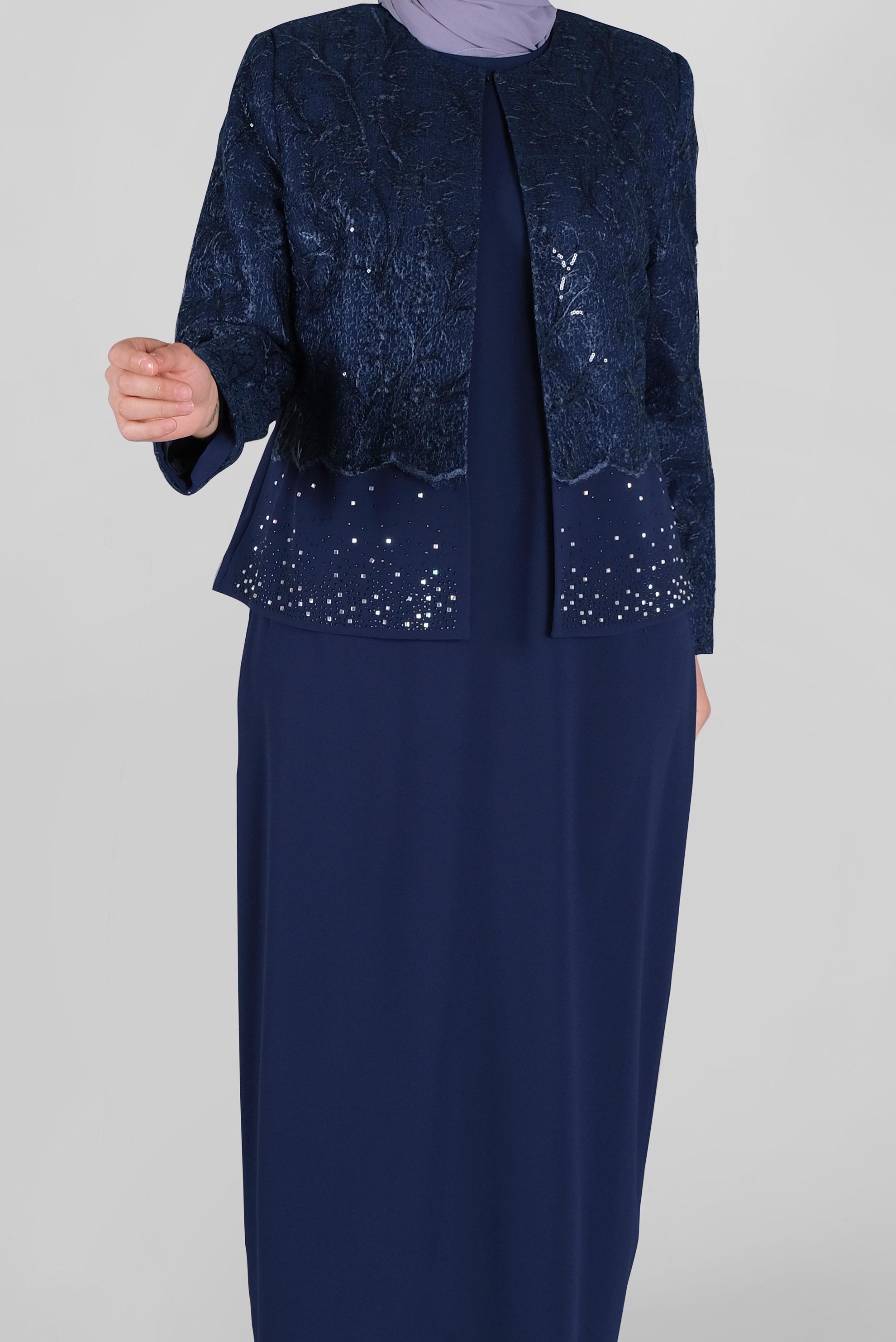Hijab clothing NAVY BLUE SEQUINED LACED 2-PIECE SUIT WITH DRESS 30054