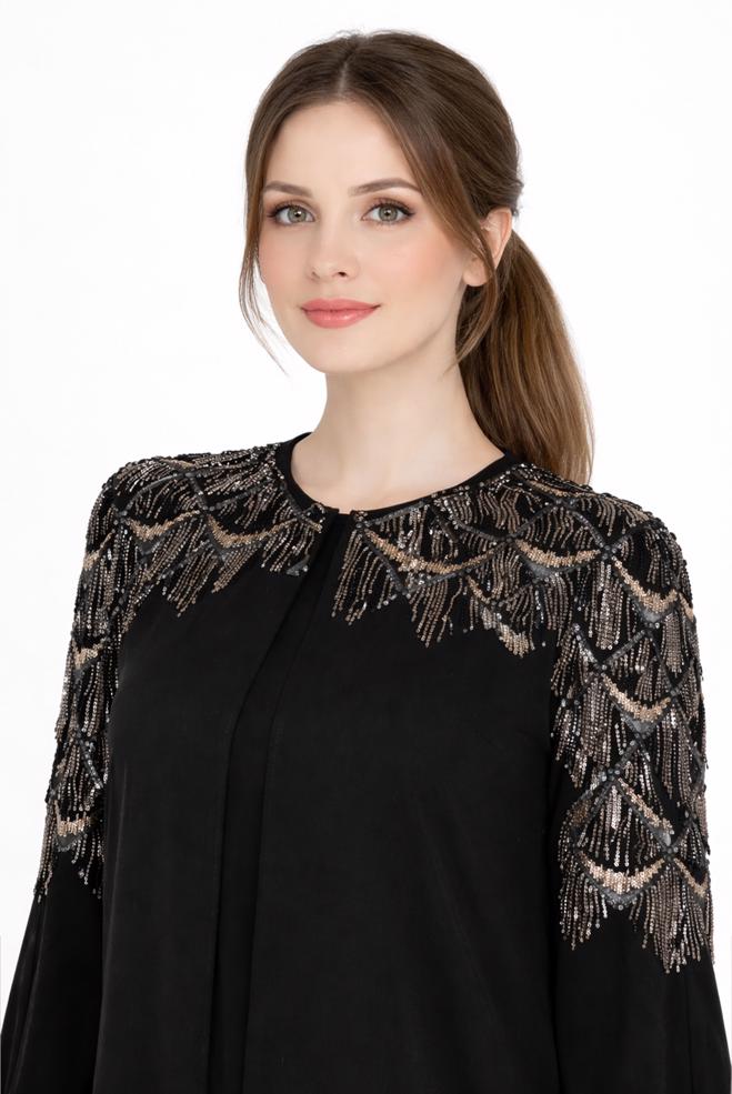 Tesettür giyim SİYAH PUL PAYET DETAYLI İKİLİ ELBİSELİ TAKIM 3548  - ALVİNA