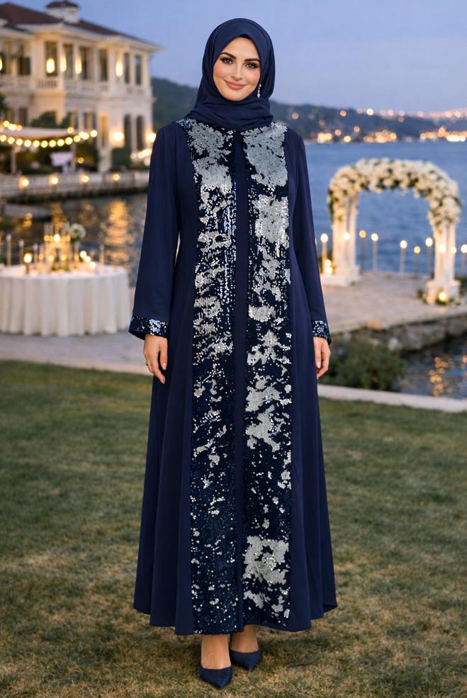 Vêtements hijab BLEU MARINE TAILLEUR ROBE À SEQUINS 3550 - ALVİNA