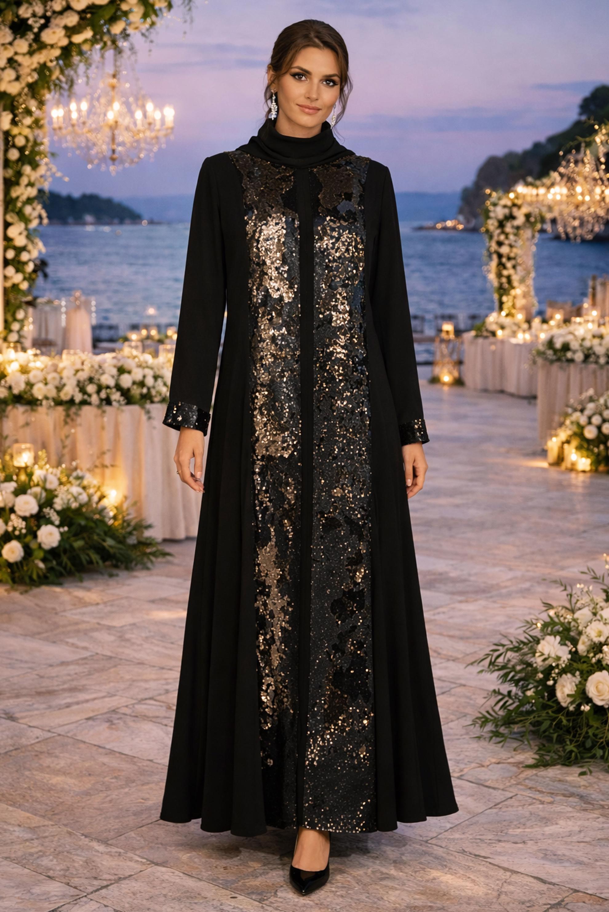 Tesettür giyim SİYAH PUL PAYETLİ ELBİSELİ TAKIM 3550