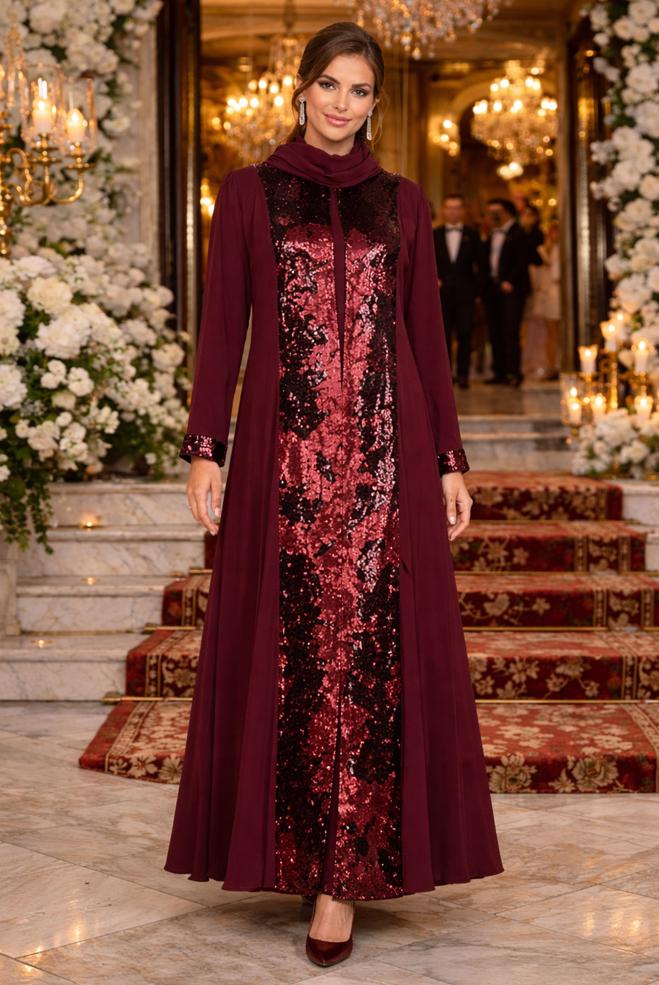 Vêtements hijab ROUGE BORDEAUX TAILLEUR ROBE À SEQUINS 3550 - ALVİNA