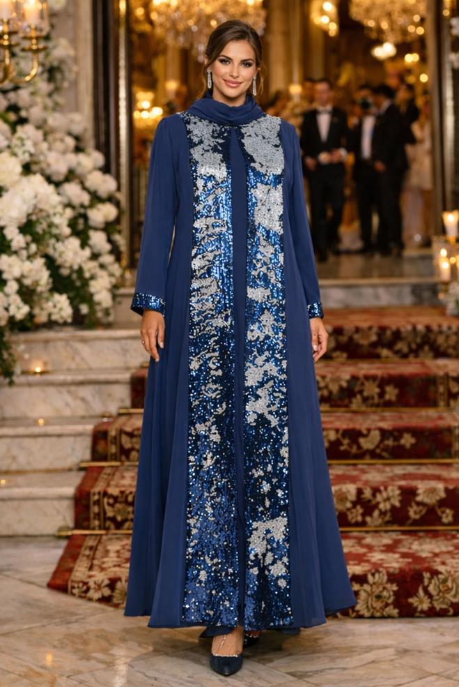 Vêtements hijab BLEU MARINE TAILLEUR ROBE À SEQUINS 3550 - ALVİNA