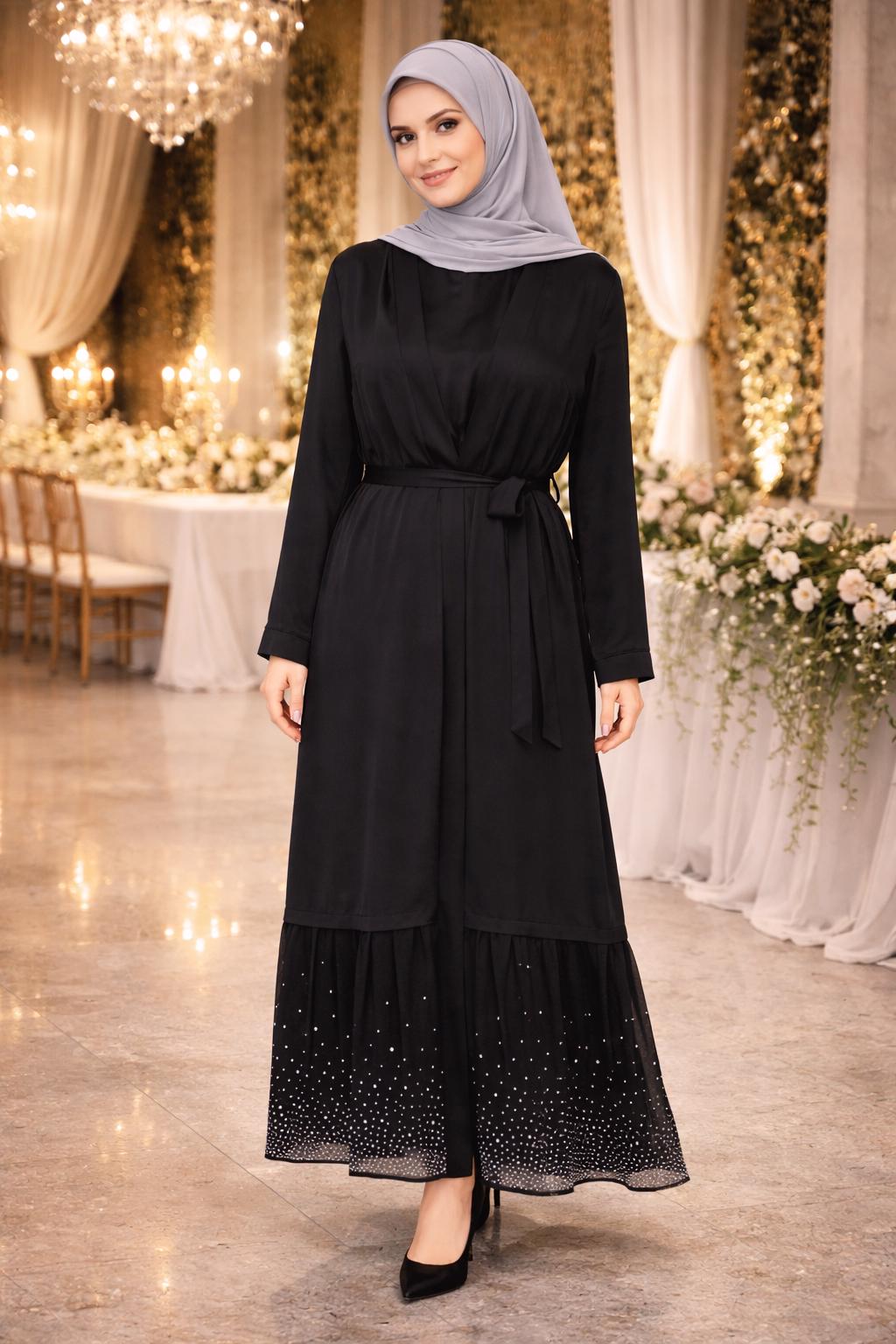 Hijab-Kleidung SCHWARZ 2-TEILIGER ANZUG MIT GÜRTEL 3552