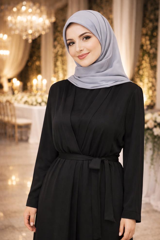 Hijab-Kleidung SCHWARZ 2-TEILIGER ANZUG MIT GÜRTEL 3552 - ALVİNA