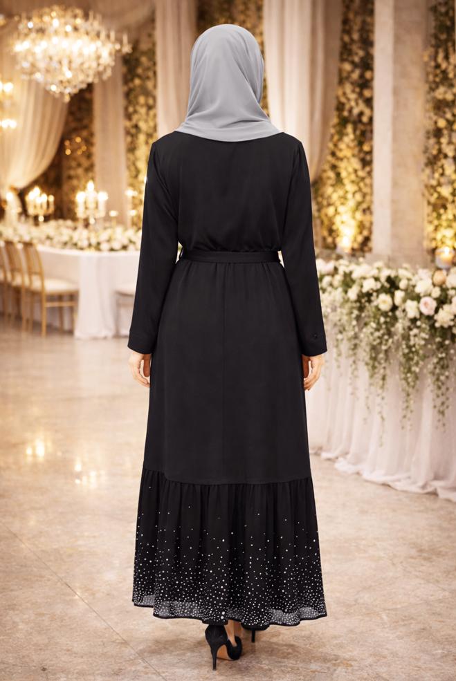 Hijab-Kleidung SCHWARZ 2-TEILIGER ANZUG MIT GÜRTEL 3552 - ALVİNA