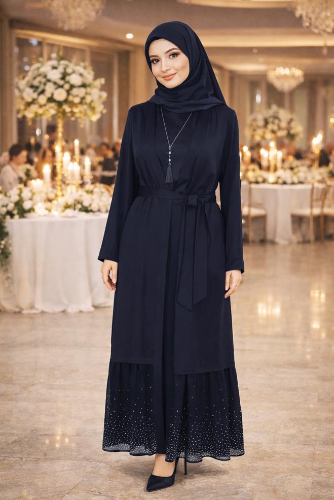 Hijab-Kleidung NAVY BLAU 2-TEILIGER ANZUG MIT GÜRTEL 3552 - ALVİNA