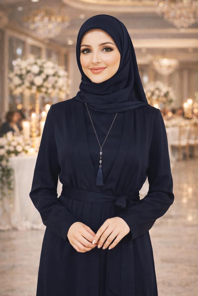Hijab-Kleidung NAVY BLAU 2-TEILIGER ANZUG MIT GÜRTEL 3552 - ALVİNA