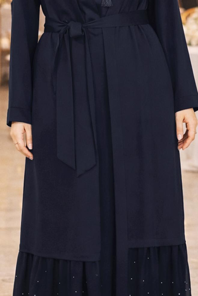 Hijab-Kleidung NAVY BLAU 2-TEILIGER ANZUG MIT GÜRTEL 3552 - ALVİNA