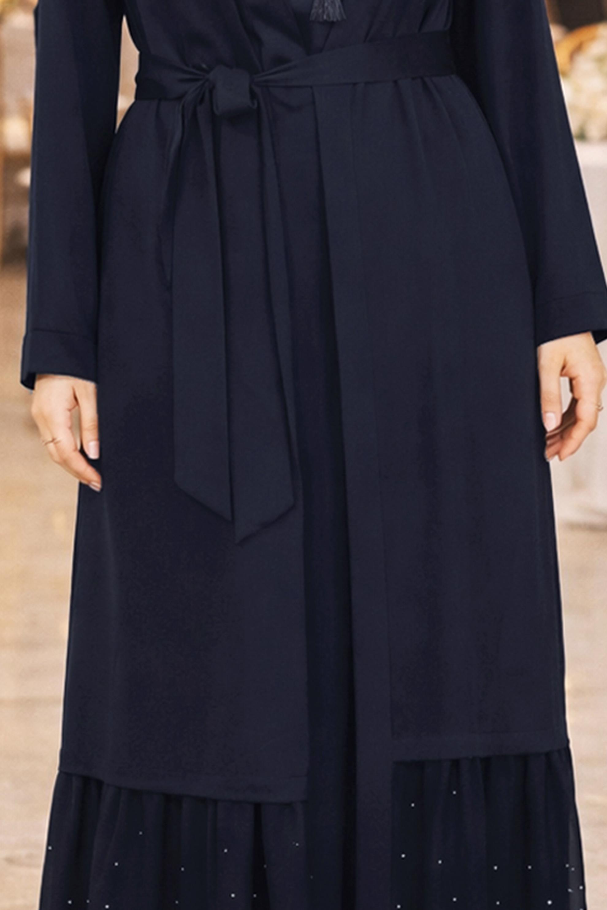 Hijab clothing NAVY BLUE BELTED 2-PIECE DRESS SUIT WITH EMBELLISHED HEM 3552 