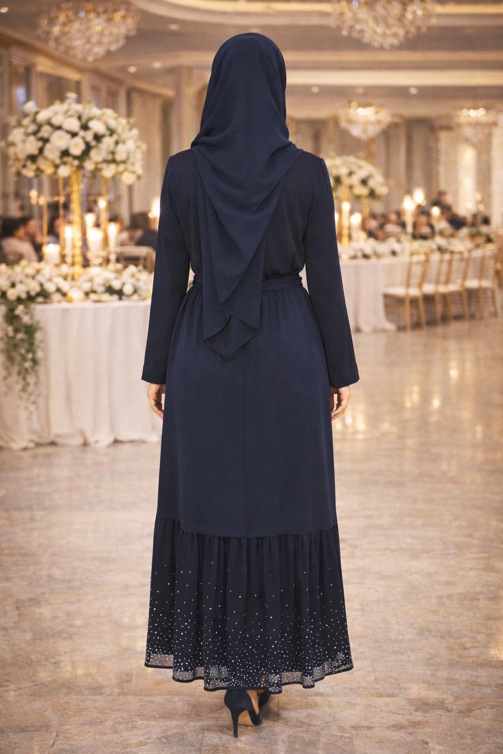 Hijab clothing NAVY BLUE BELTED 2-PIECE DRESS SUIT WITH EMBELLISHED HEM 3552 