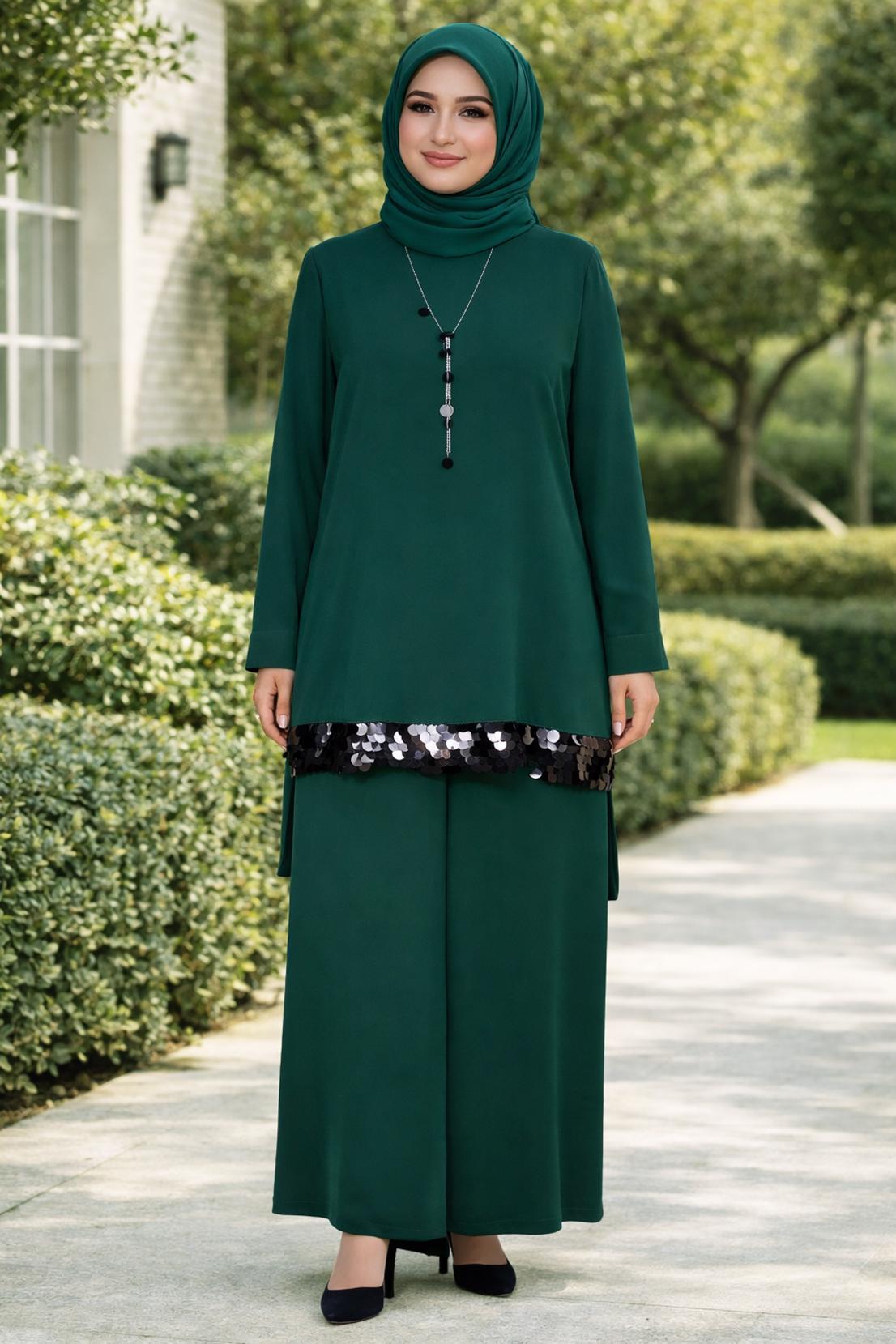 Hijab clothing GREEN SEQUIN DETAIL 2-PIECE PANTS SUIT 2853 