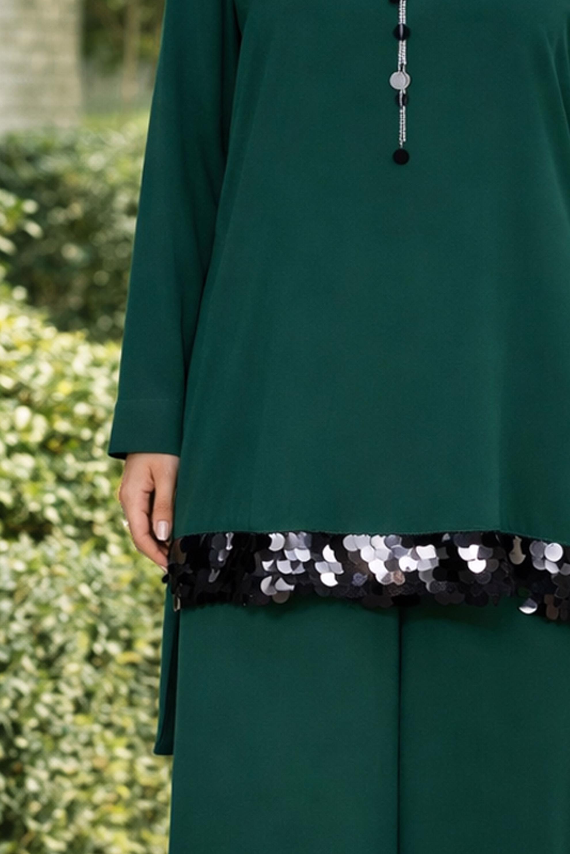 Hijab clothing GREEN SEQUIN DETAIL 2-PIECE PANTS SUIT 2853 