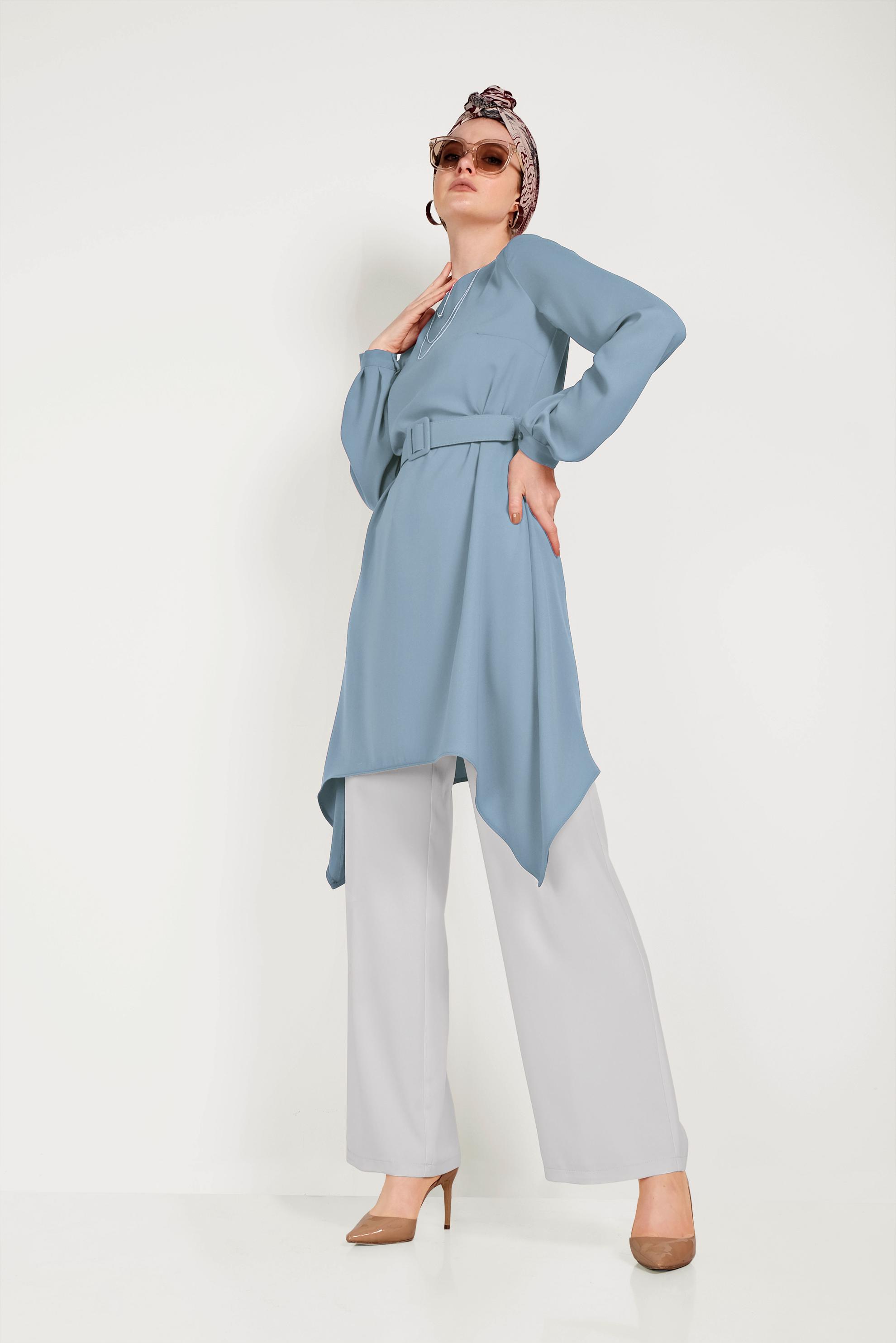 Tesettür giyim MAVİ ASİMETRİK KESİM İKİLİ PANTOLONLU TAKIM 30004