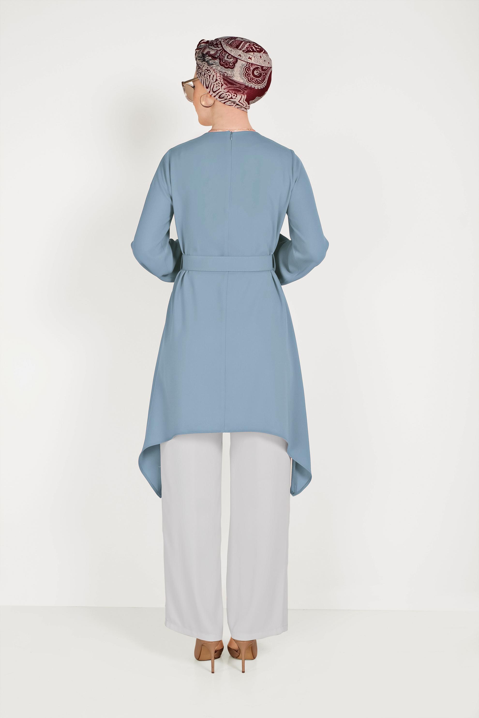 Tesettür giyim MAVİ ASİMETRİK KESİM İKİLİ PANTOLONLU TAKIM 30004