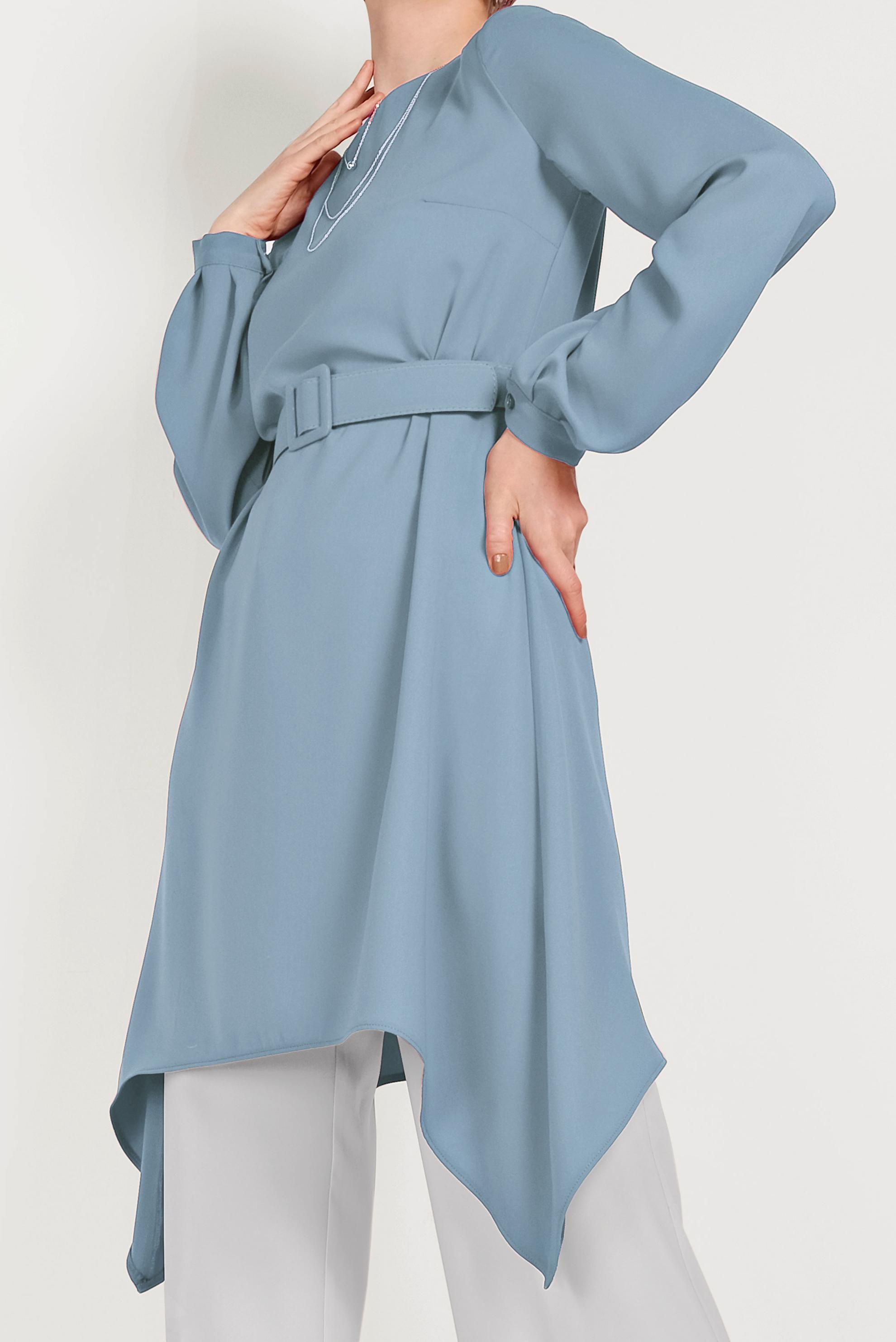 Tesettür giyim MAVİ ASİMETRİK KESİM İKİLİ PANTOLONLU TAKIM 30004