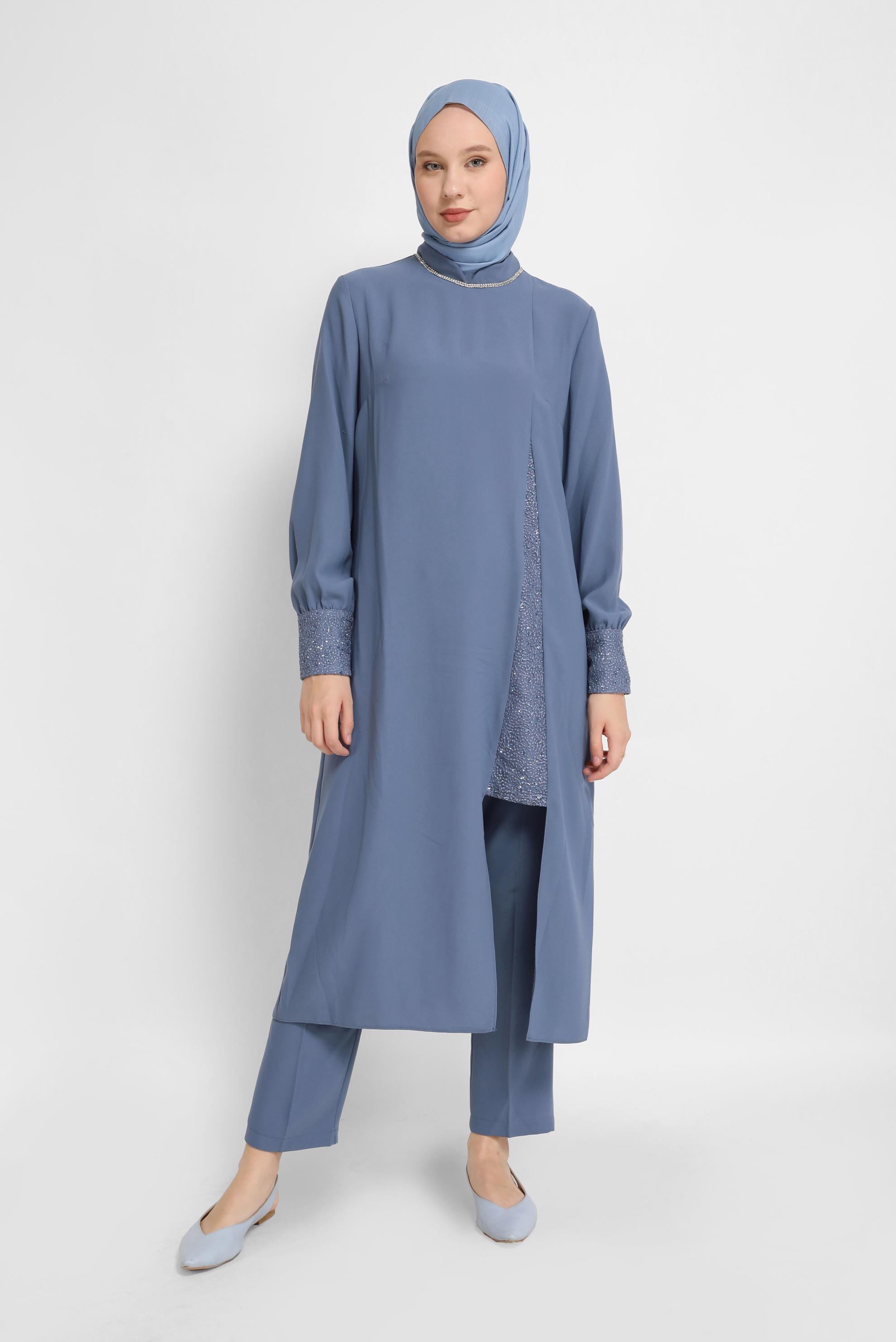 Tesettür giyim LACİVERT YIRTMAÇLI TAŞLI HAKİM YAKA TAKIM 30005