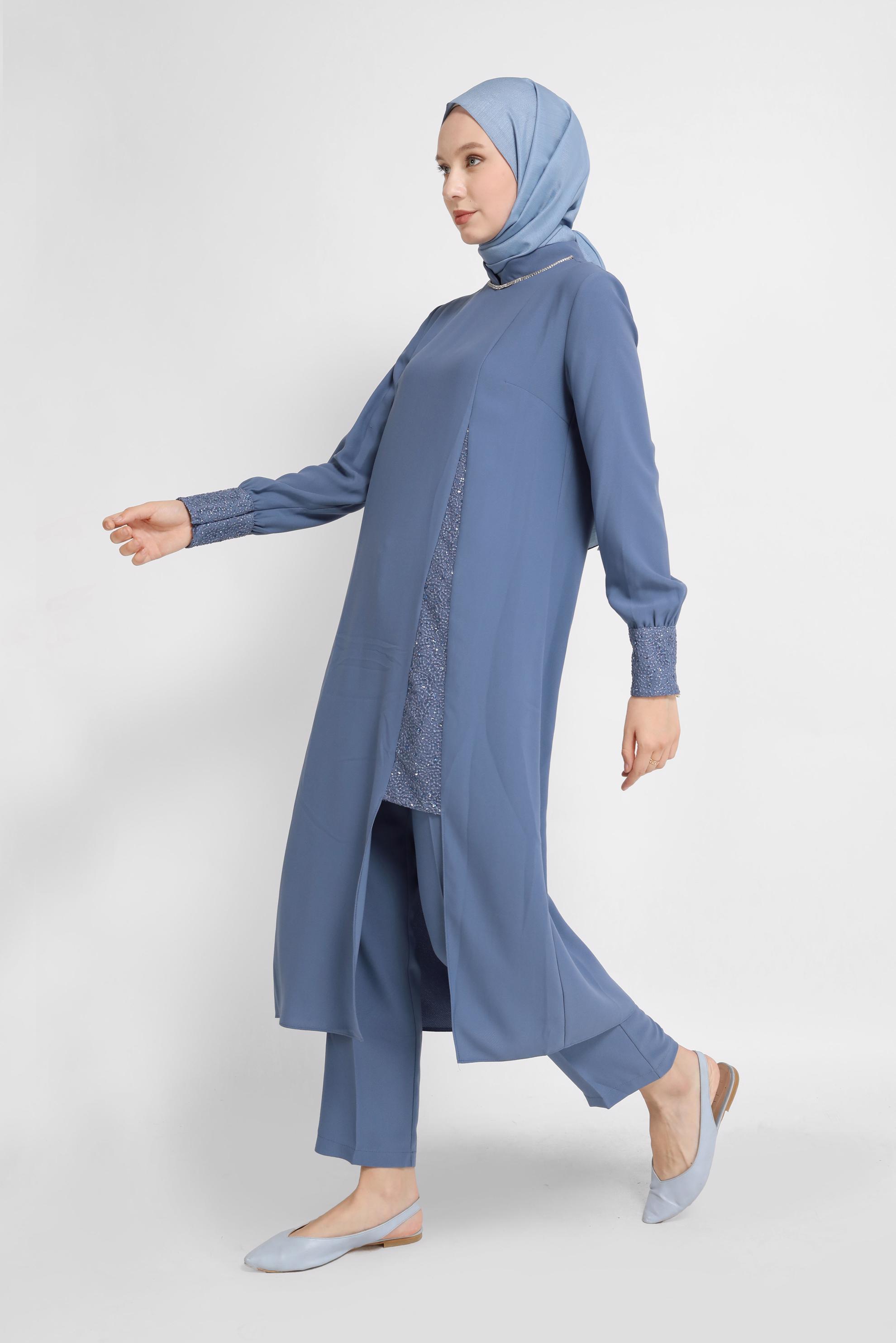 Tesettür giyim LACİVERT YIRTMAÇLI TAŞLI HAKİM YAKA TAKIM 30005