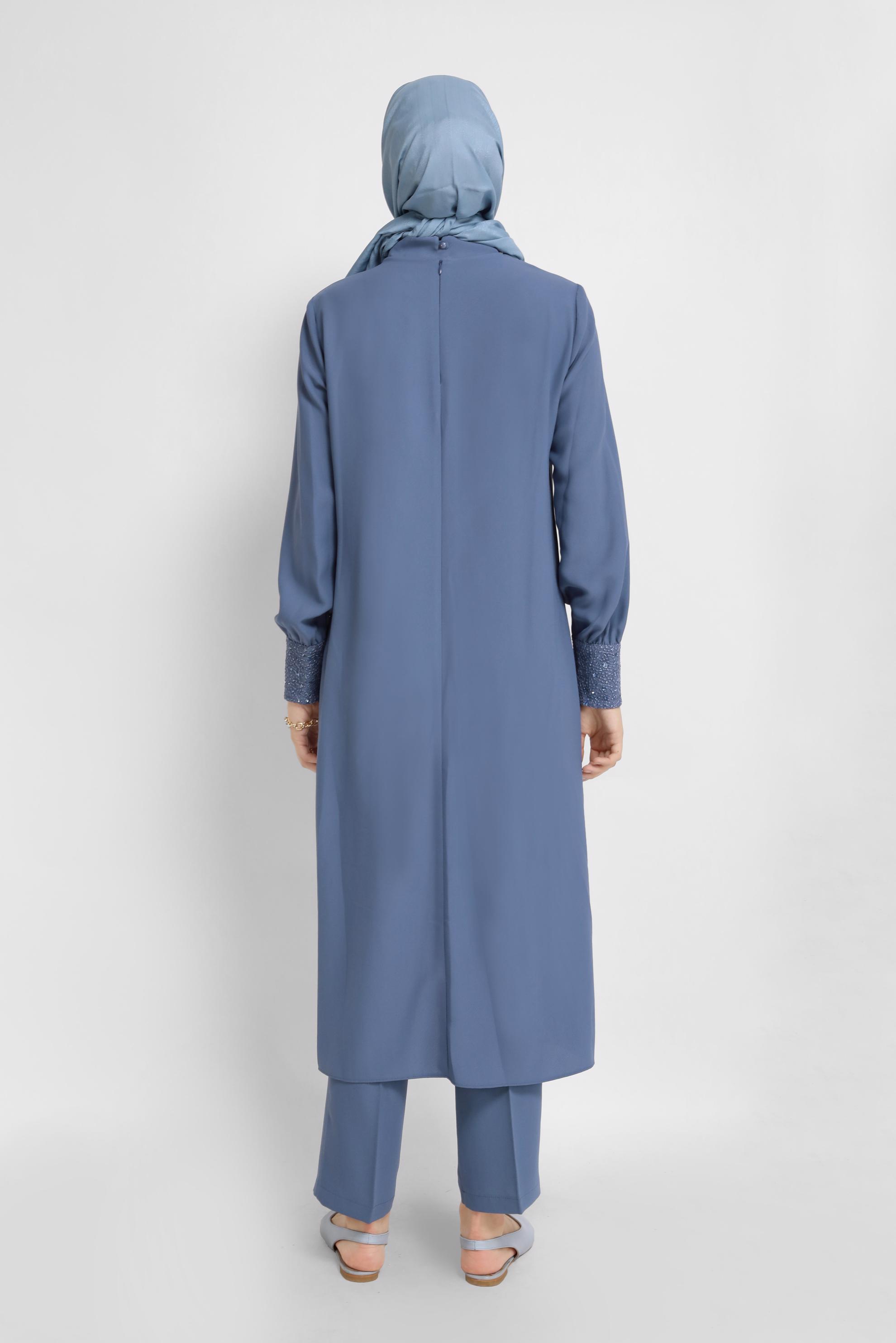 Tesettür giyim LACİVERT YIRTMAÇLI TAŞLI HAKİM YAKA TAKIM 30005