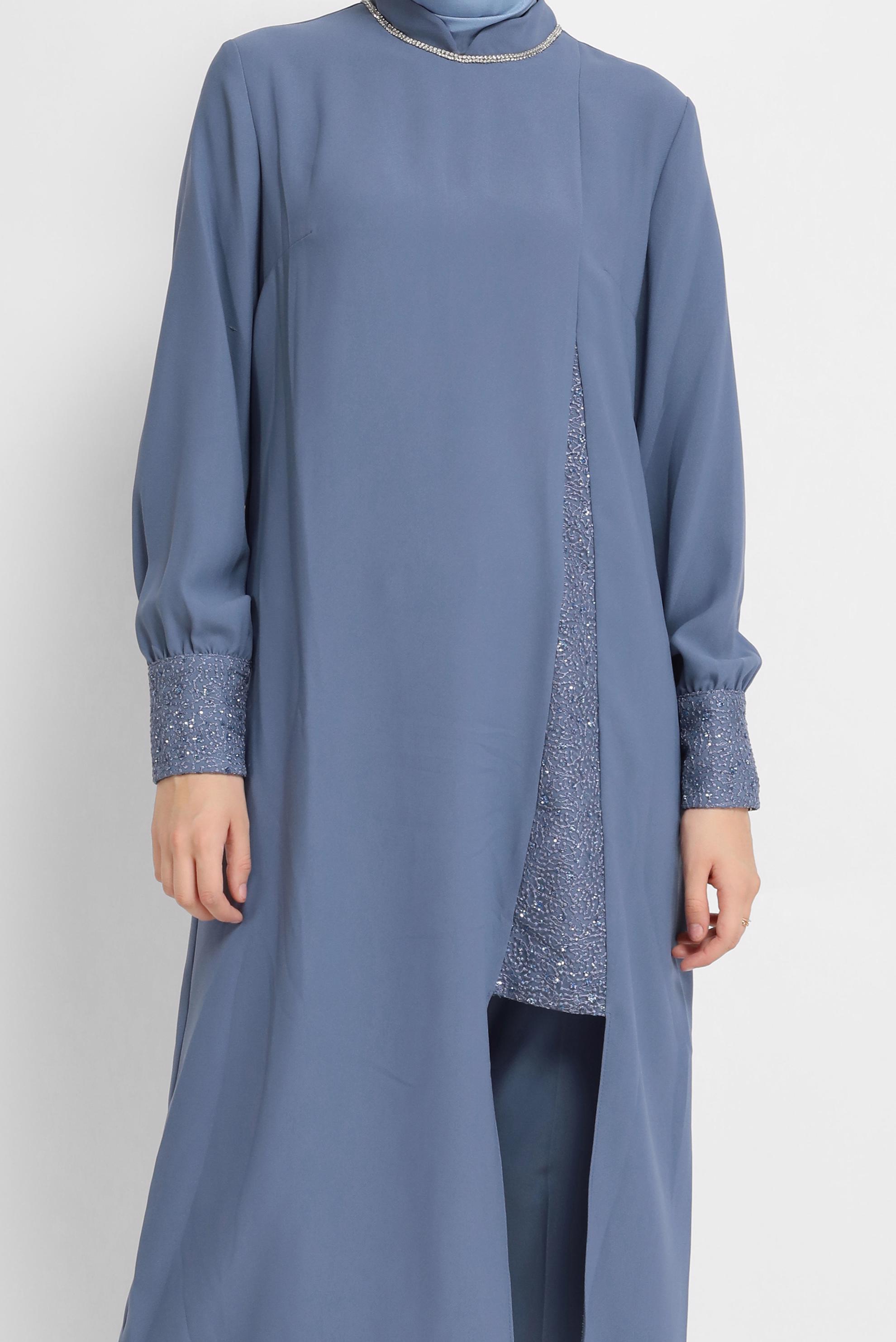 Tesettür giyim LACİVERT YIRTMAÇLI TAŞLI HAKİM YAKA TAKIM 30005