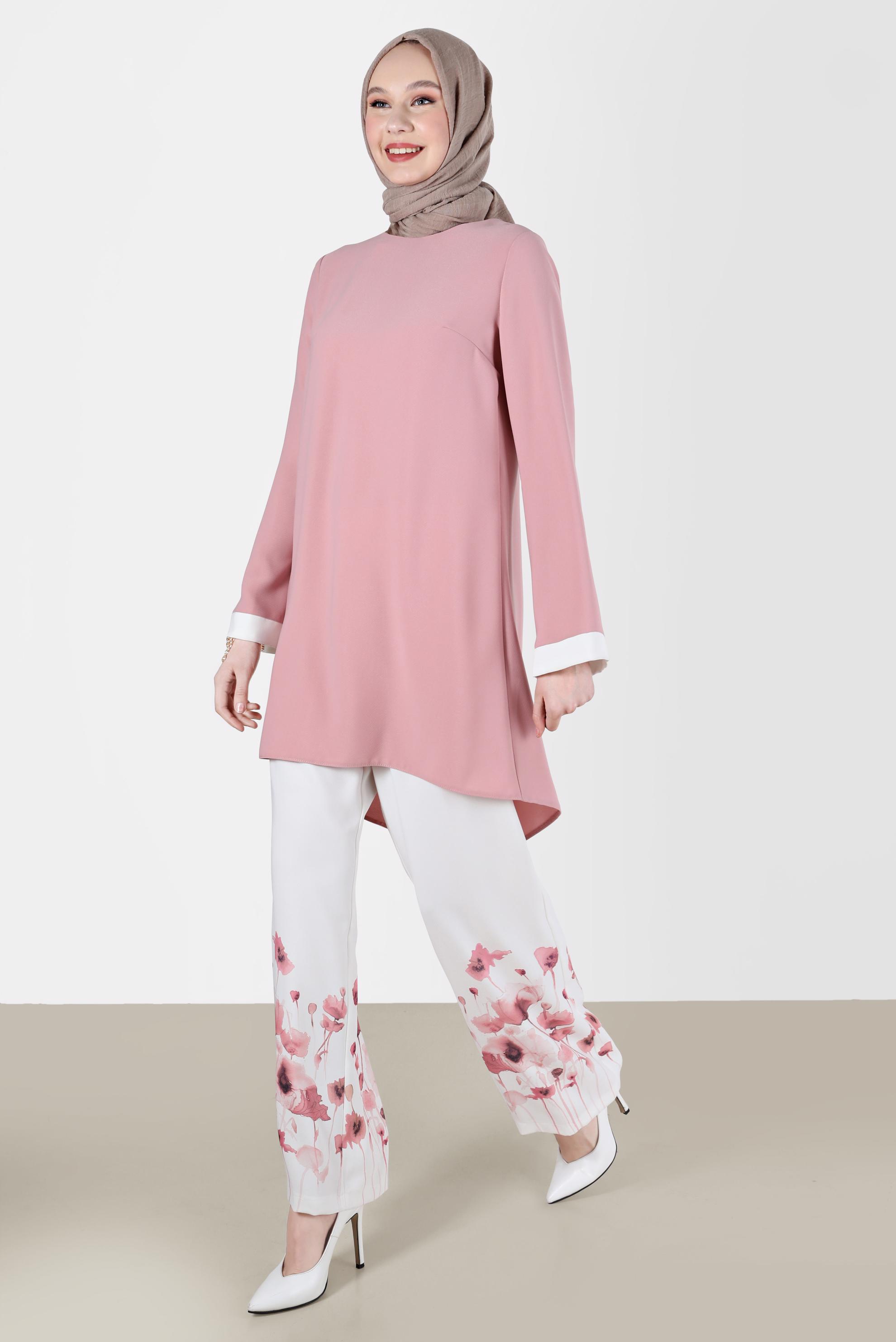 Tesettür giyim PUDRA FLORAL DESENLİ İKİLİ PANTOLONLU TAKIM 30008