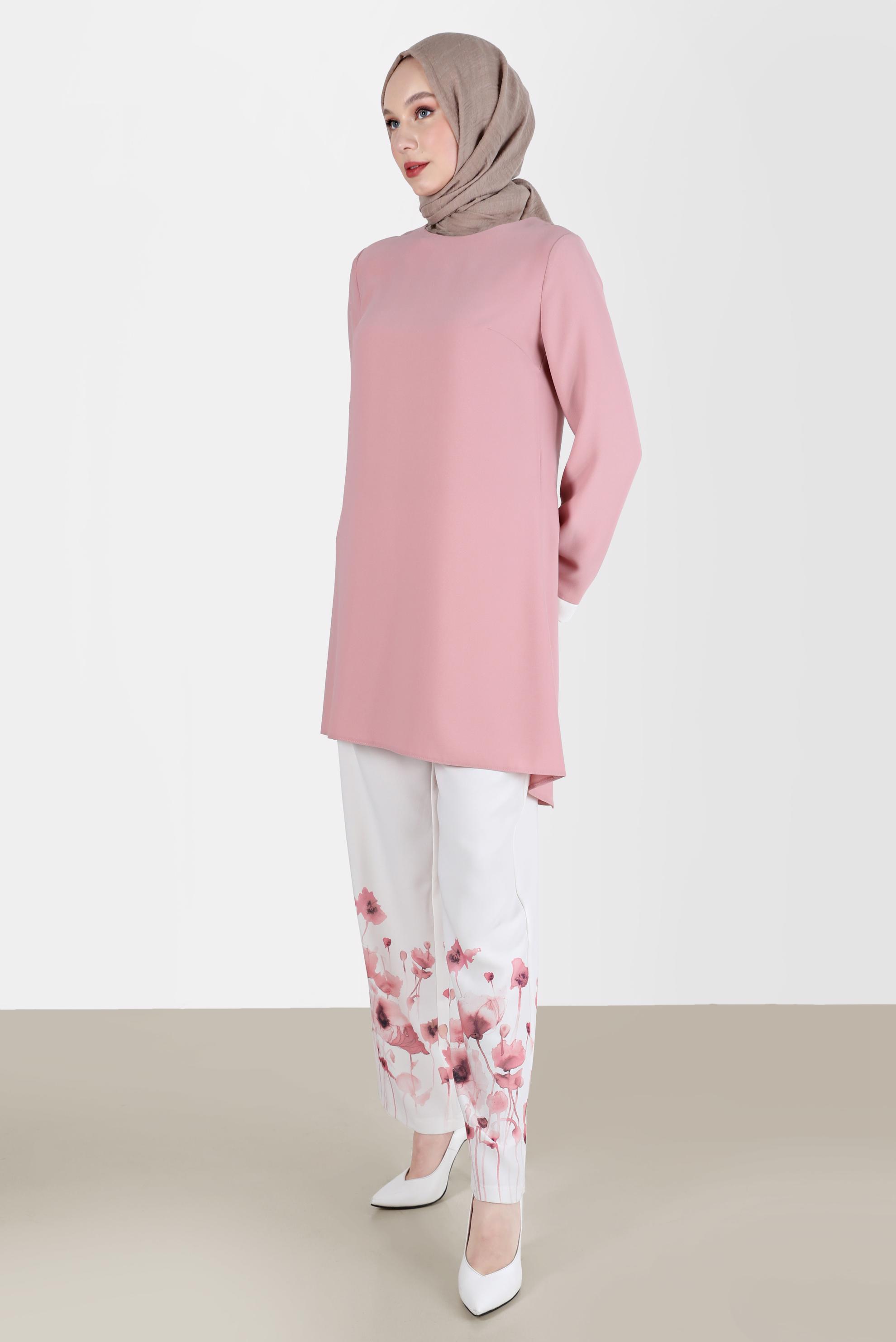 Tesettür giyim PUDRA FLORAL DESENLİ İKİLİ PANTOLONLU TAKIM 30008