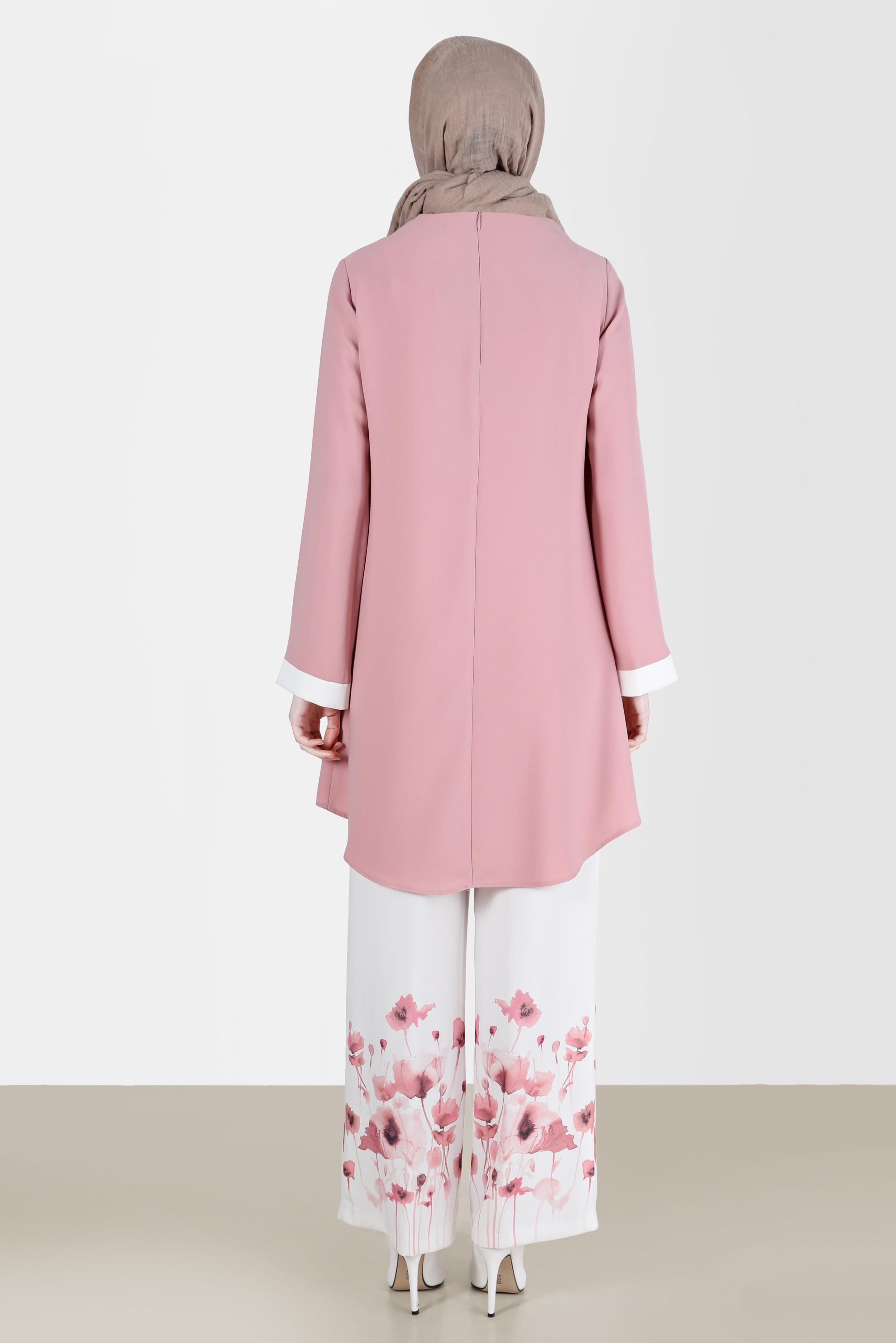 Tesettür giyim PUDRA FLORAL DESENLİ İKİLİ PANTOLONLU TAKIM 30008