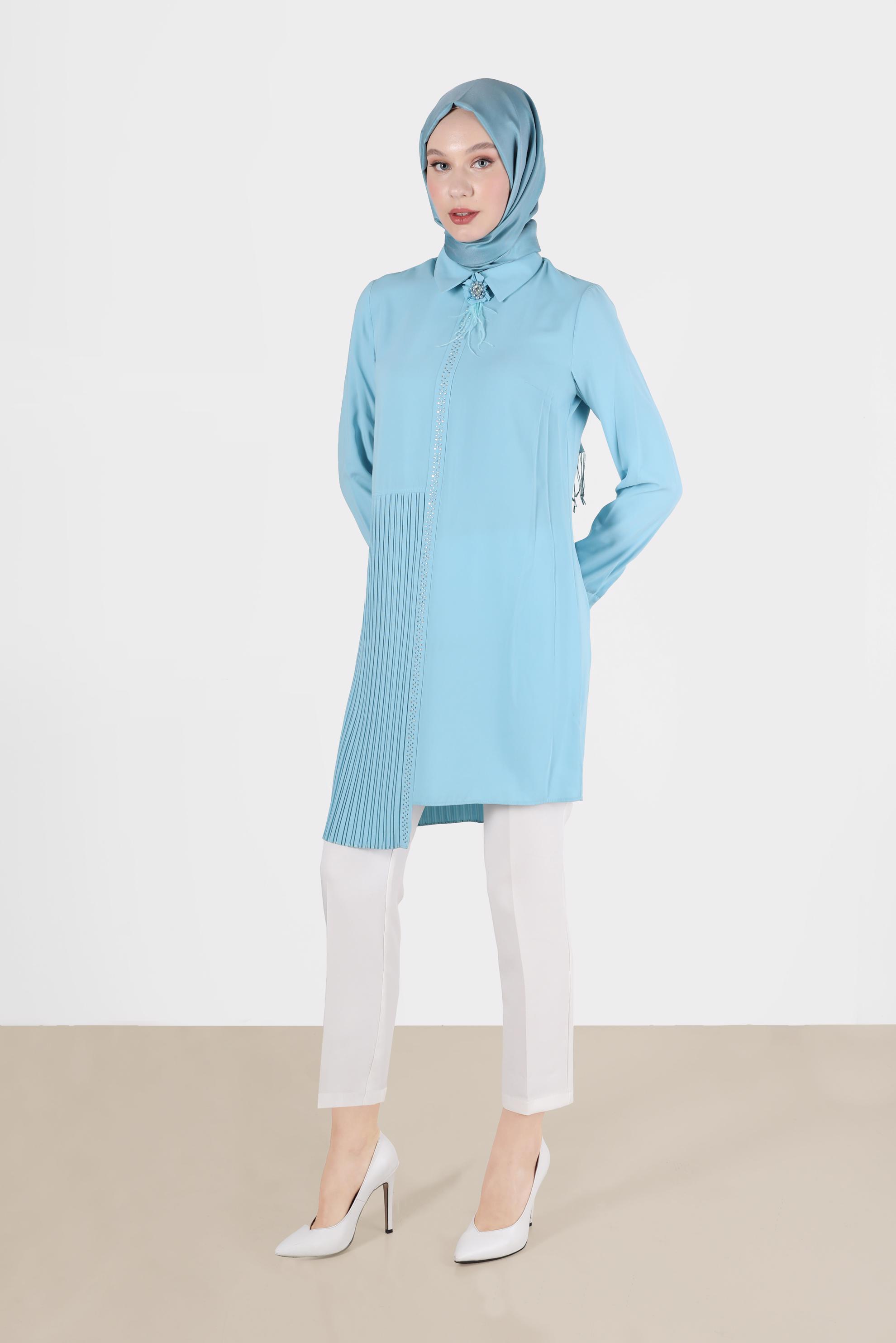 Tesettür giyim YEŞİL PİLİSELİ İKİLİ PANTOLONLU TAKIM 30012