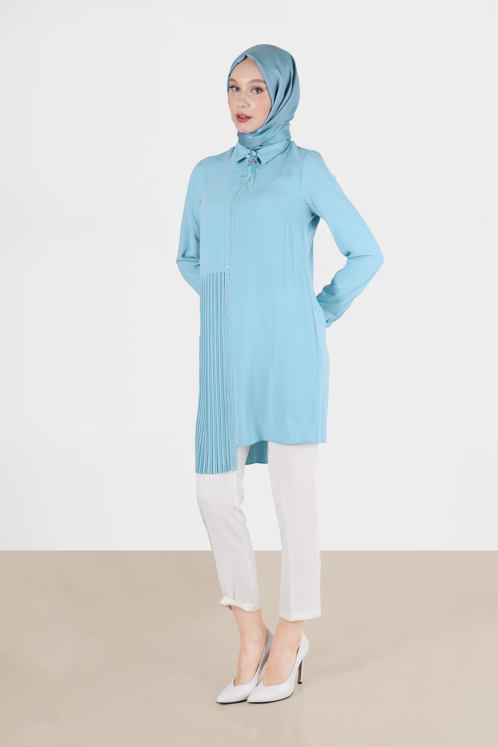 Tesettür giyim YEŞİL PİLİSELİ İKİLİ PANTOLONLU TAKIM 30012