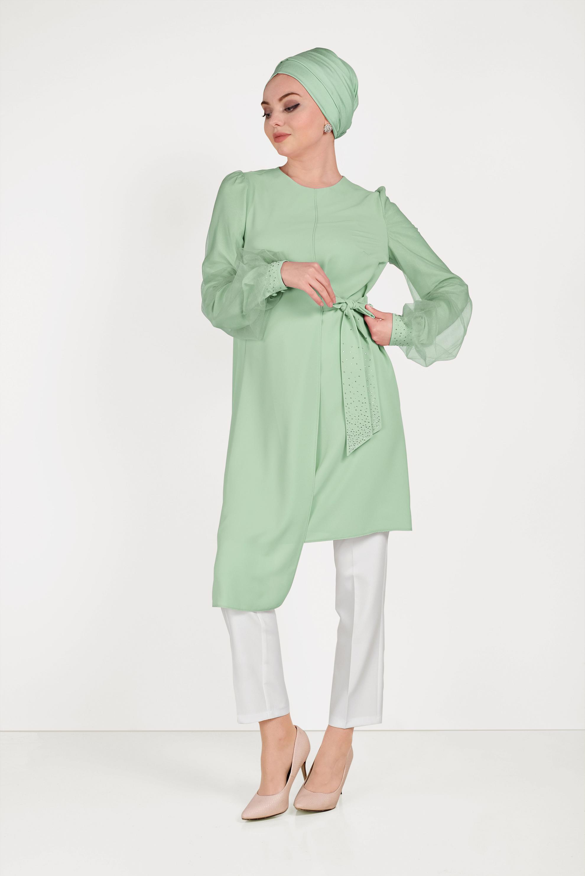 Tesettür giyim YEŞİL YANDAN BAĞLAMALI ASİMETRİK PANTOLONLU TAKIM 30015