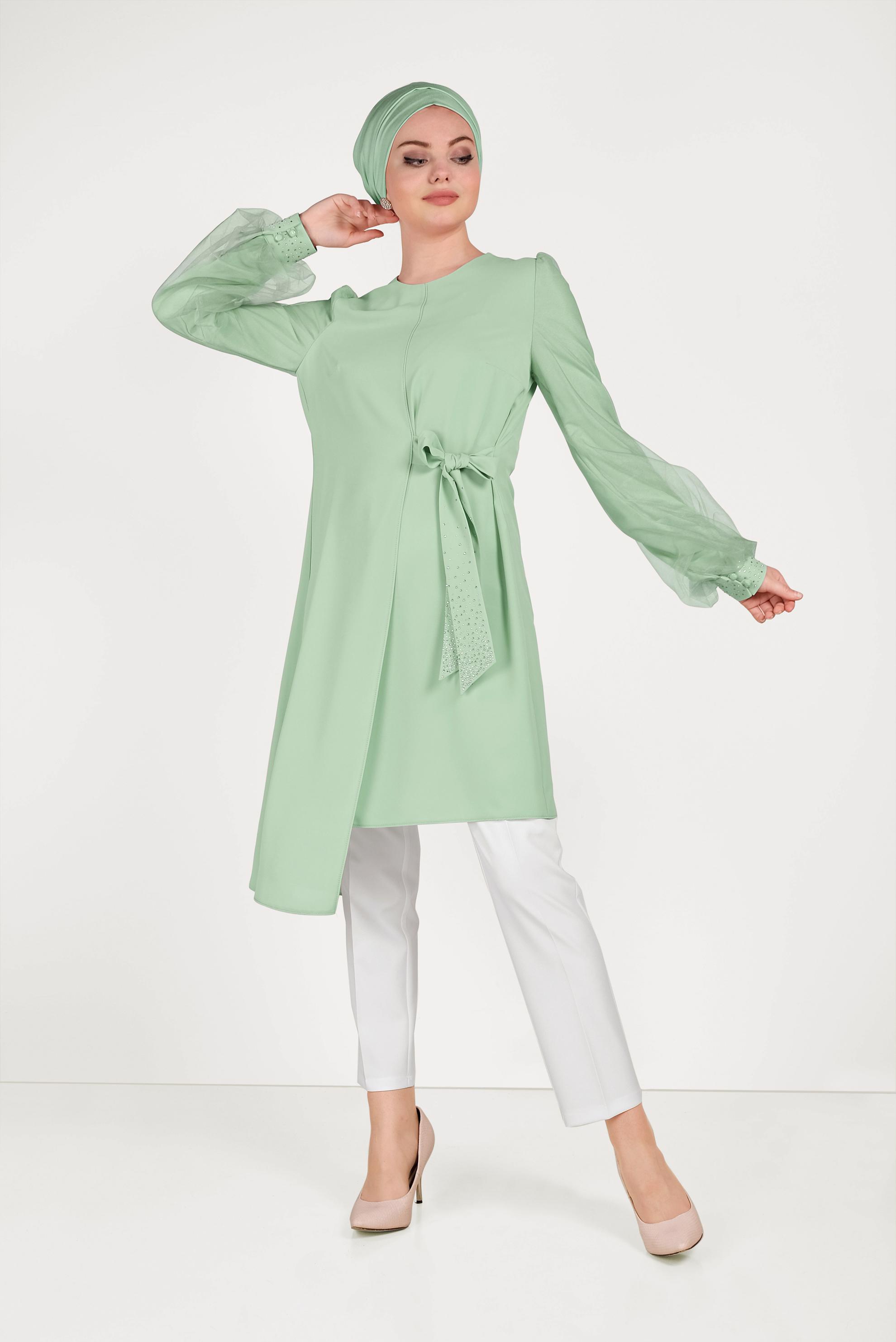 Tesettür giyim YEŞİL YANDAN BAĞLAMALI ASİMETRİK PANTOLONLU TAKIM 30015