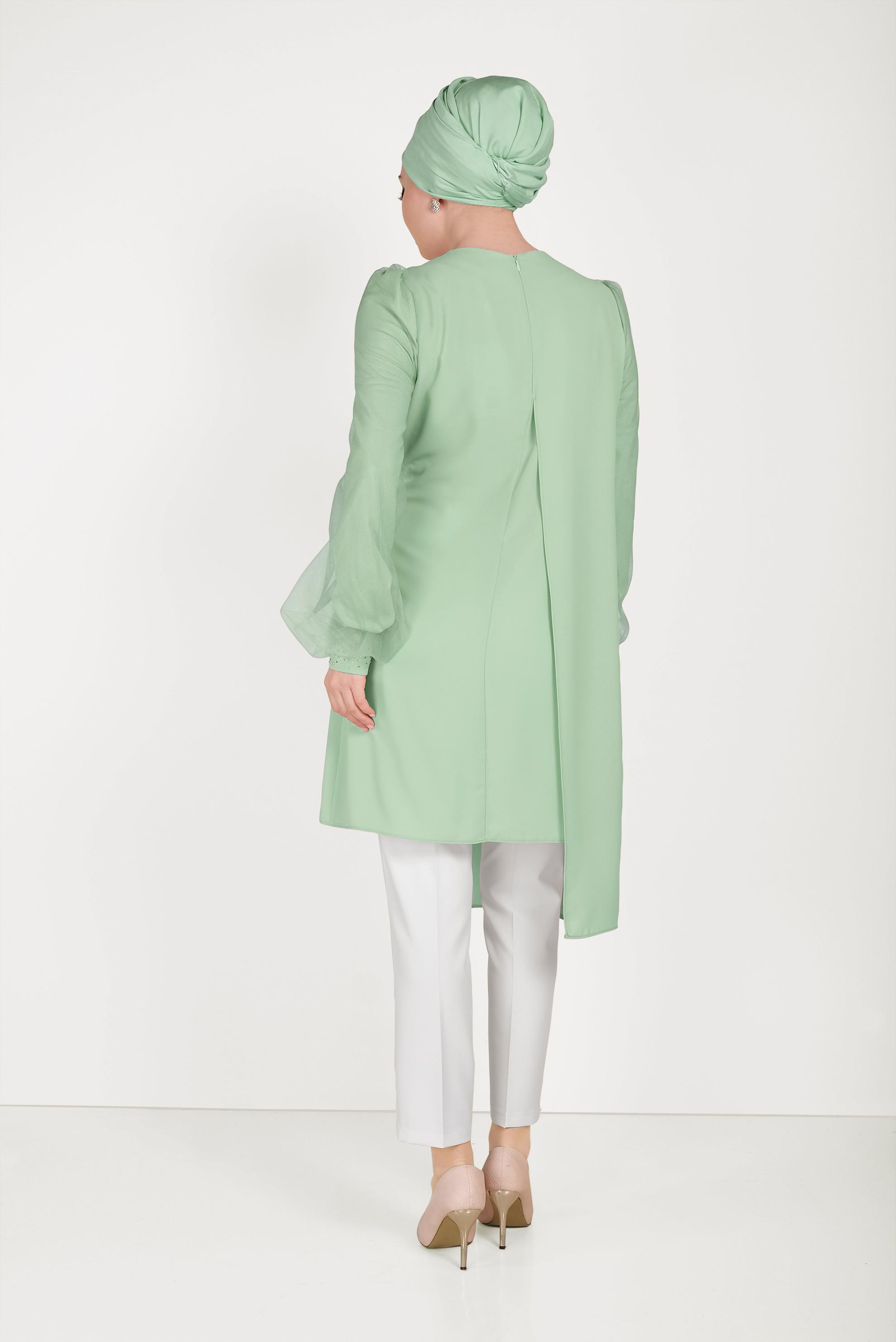 Tesettür giyim YEŞİL YANDAN BAĞLAMALI ASİMETRİK PANTOLONLU TAKIM 30015