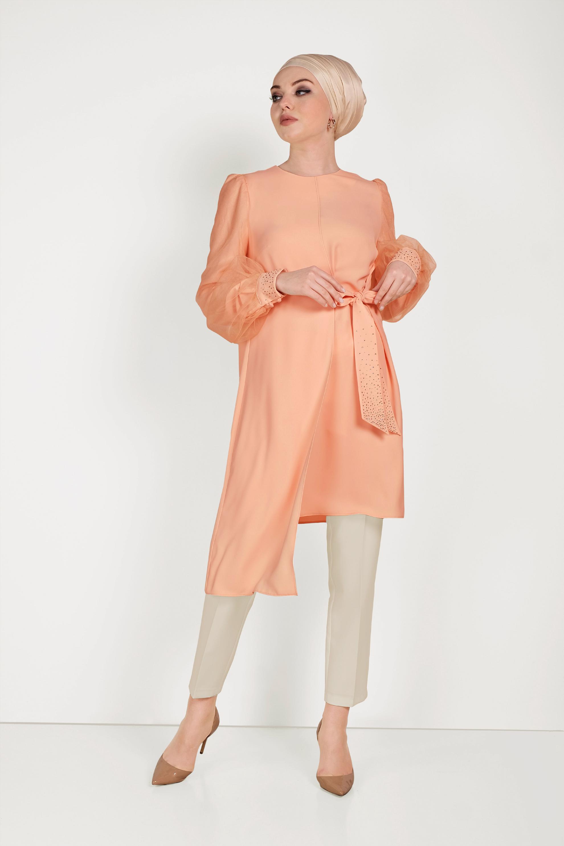 Tesettür giyim PEMBE YANDAN BAĞLAMALI ASİMETRİK PANTOLONLU TAKIM 30015