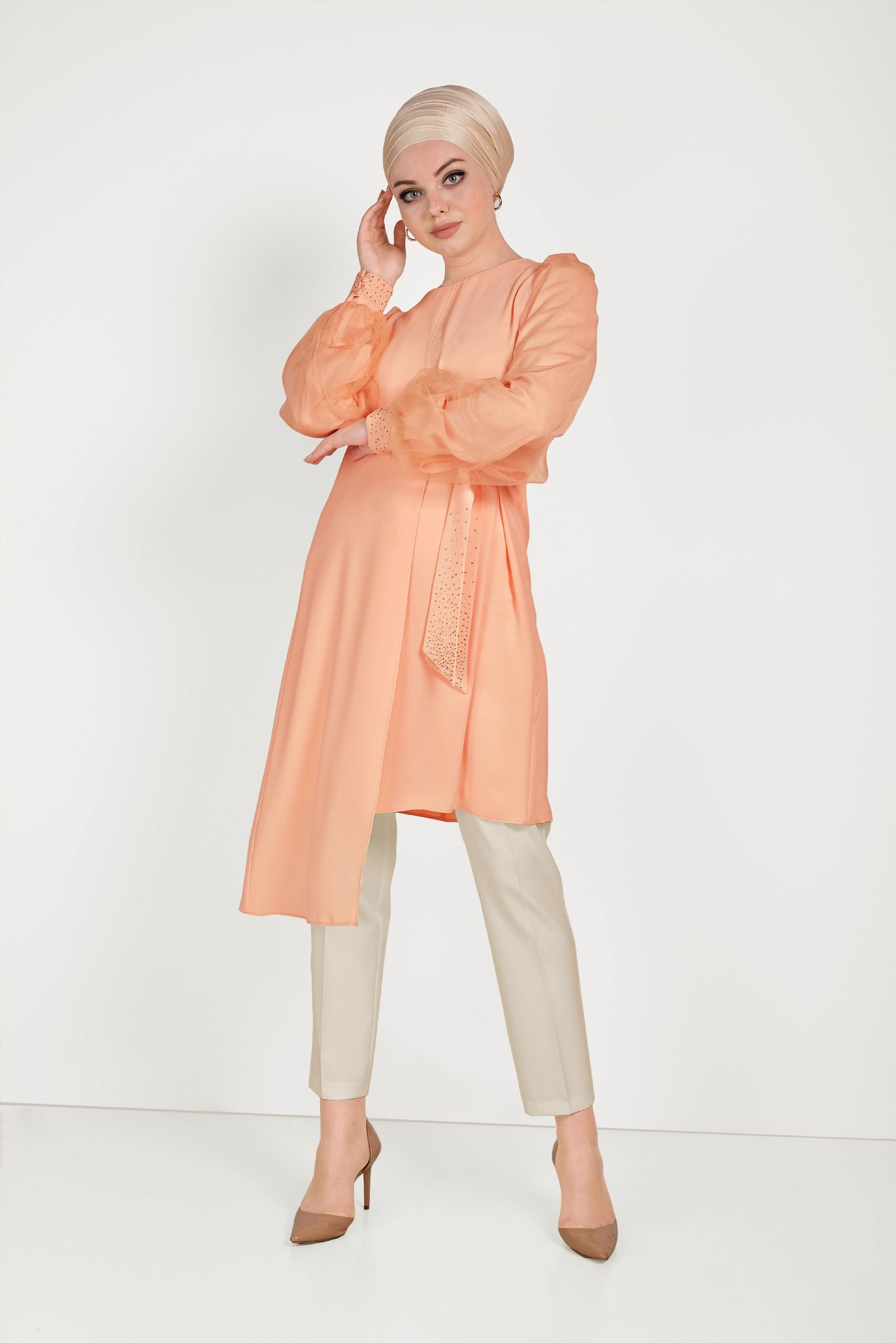 Tesettür giyim PEMBE YANDAN BAĞLAMALI ASİMETRİK PANTOLONLU TAKIM 30015