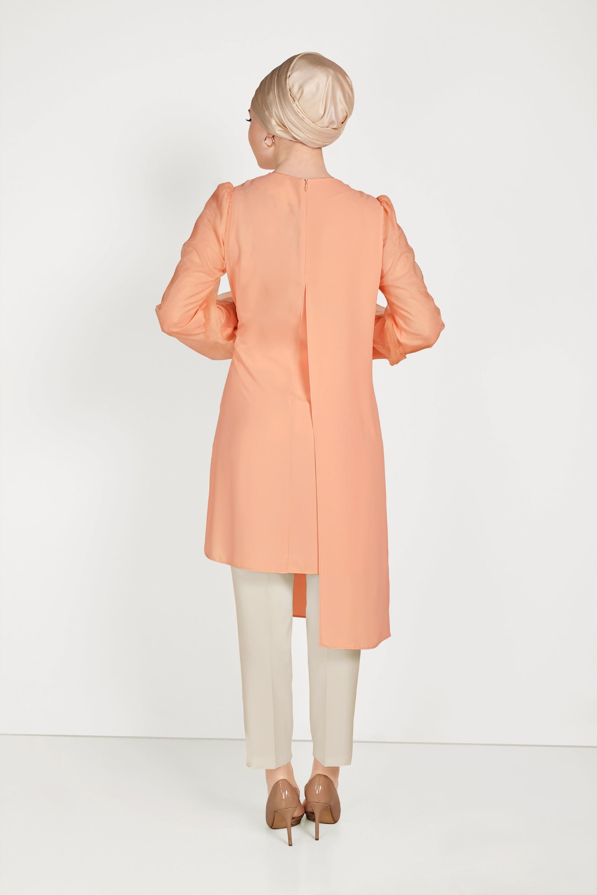 Tesettür giyim PEMBE YANDAN BAĞLAMALI ASİMETRİK PANTOLONLU TAKIM 30015